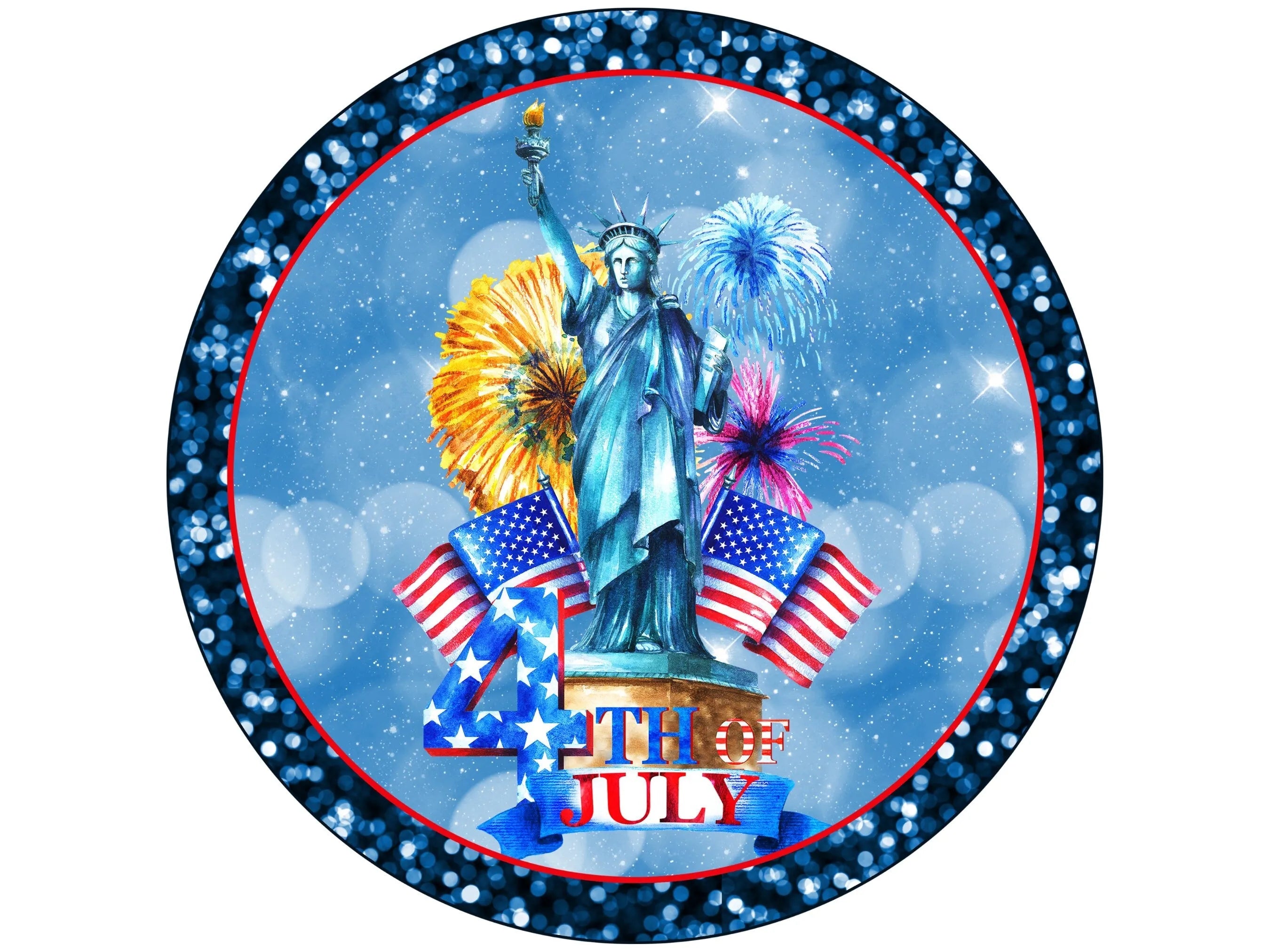 Patriotic Statue of Liberty and fireworks wreath sign, 4th of July wall art, American flag and fireworks wreath attachment