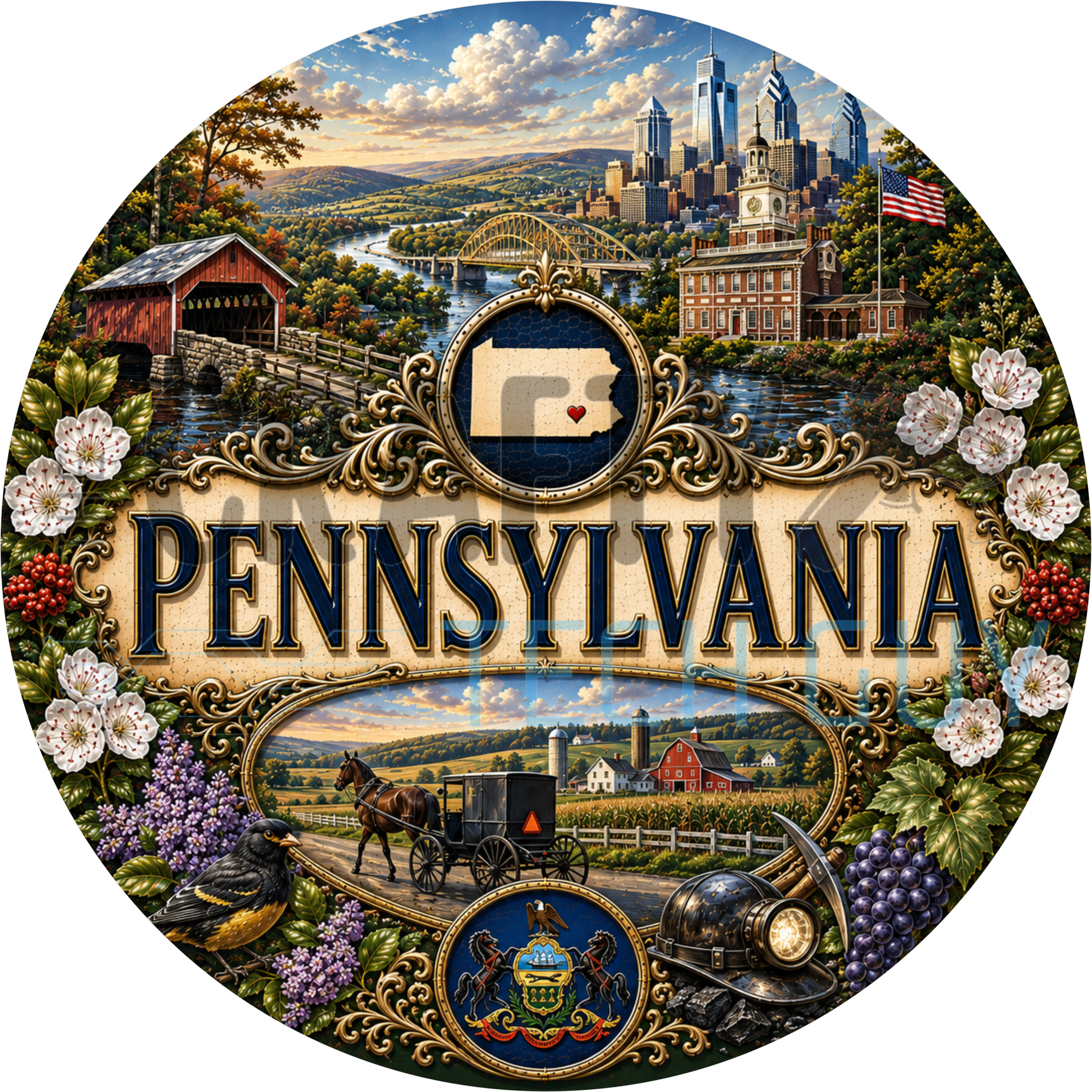 Pennsylvania round wreath sign in coated aluminum, showing an Amish buggy, a red covered bridge and Independence Hall