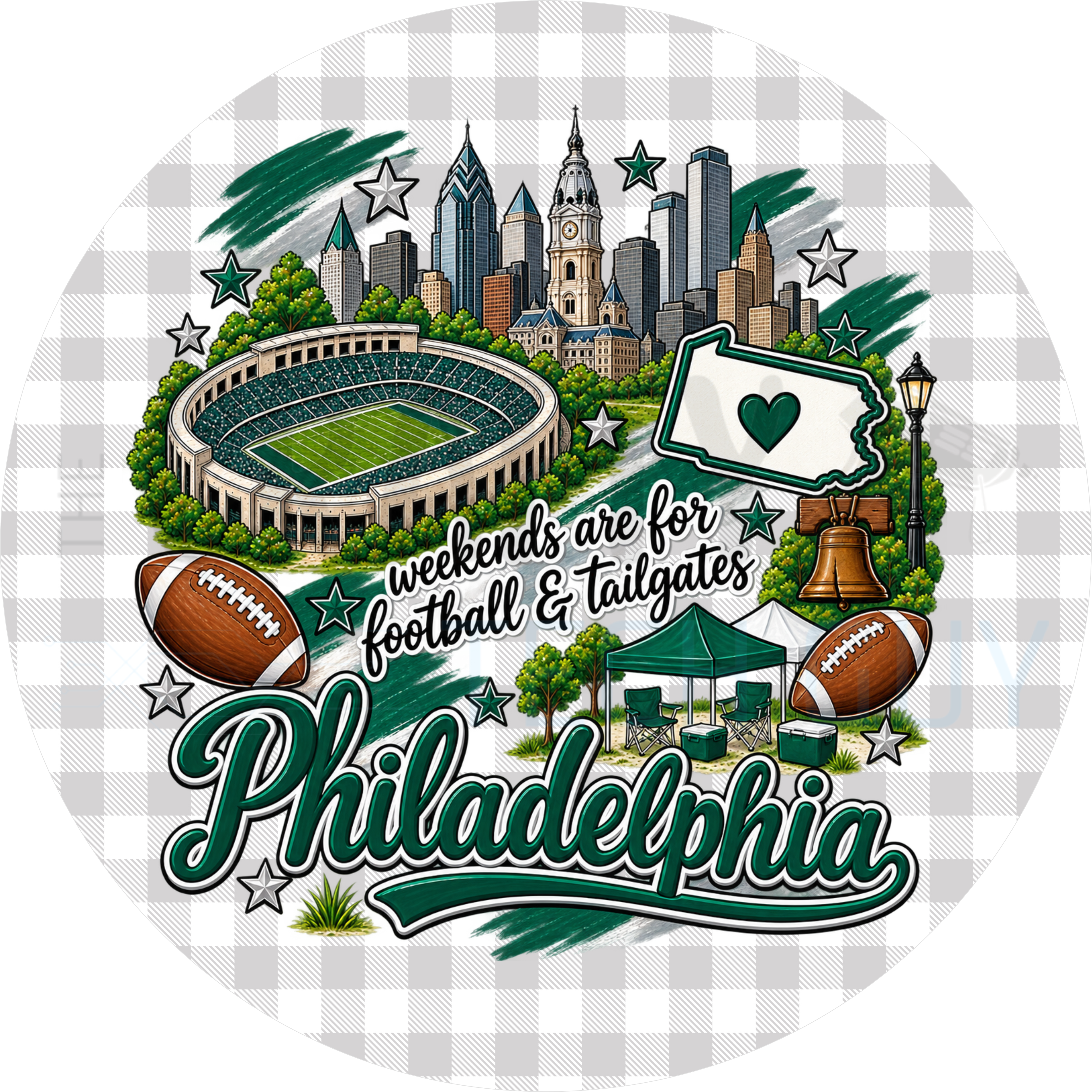 Philadelphia football tailgate round wreath sign with grey gingham border, City Hall, Liberty Bell, stadium, Pennsylvania state outline and silver stars