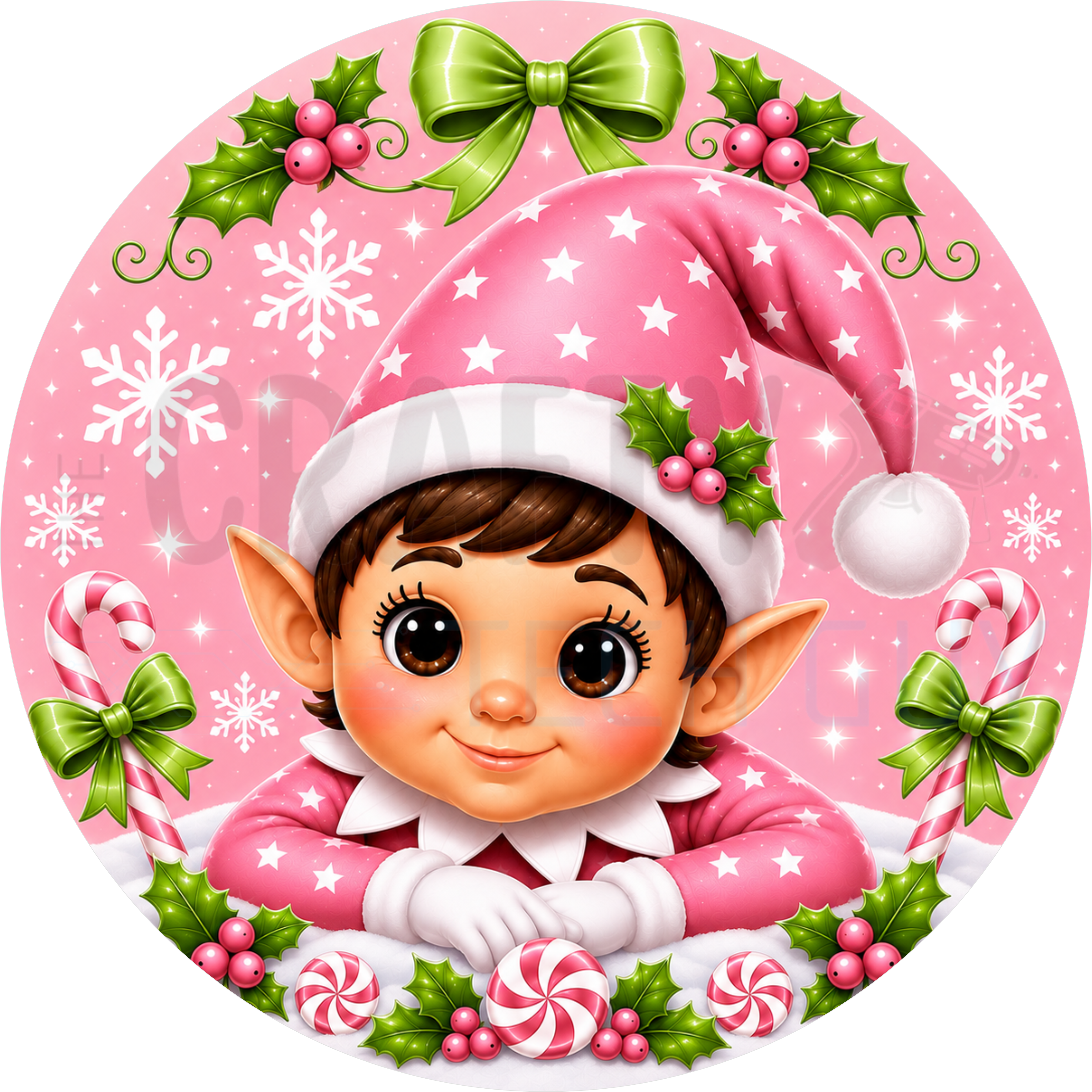 Christmas round wreath sign in coated aluminum, showing a retro elf in a pink star hat in the snow with candy canes, peppermints and holly on pink