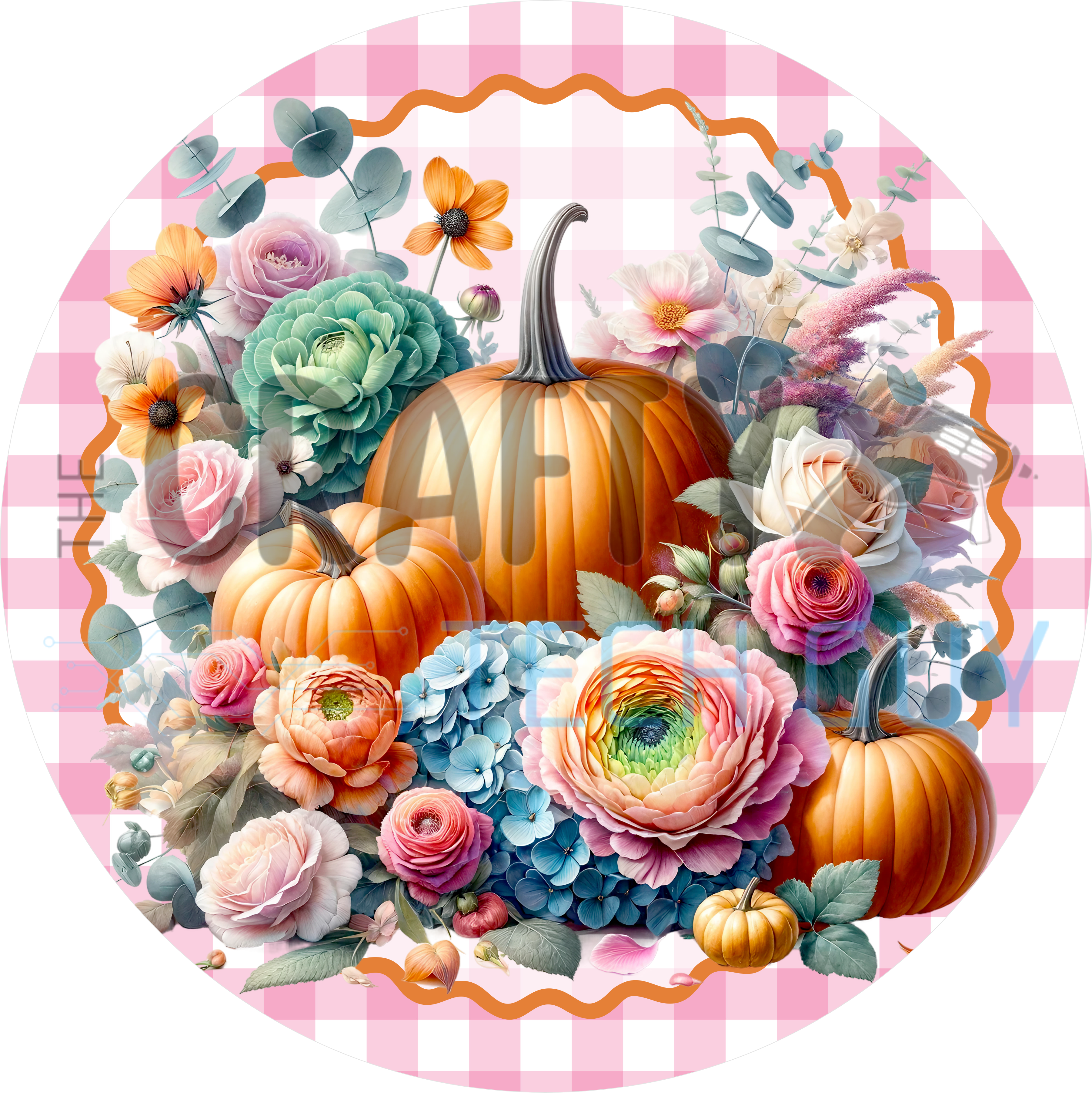 Round fall sign with orange pumpkins, pastel roses, ranunculus and blue hydrangeas inside an orange scallop on pink gingham