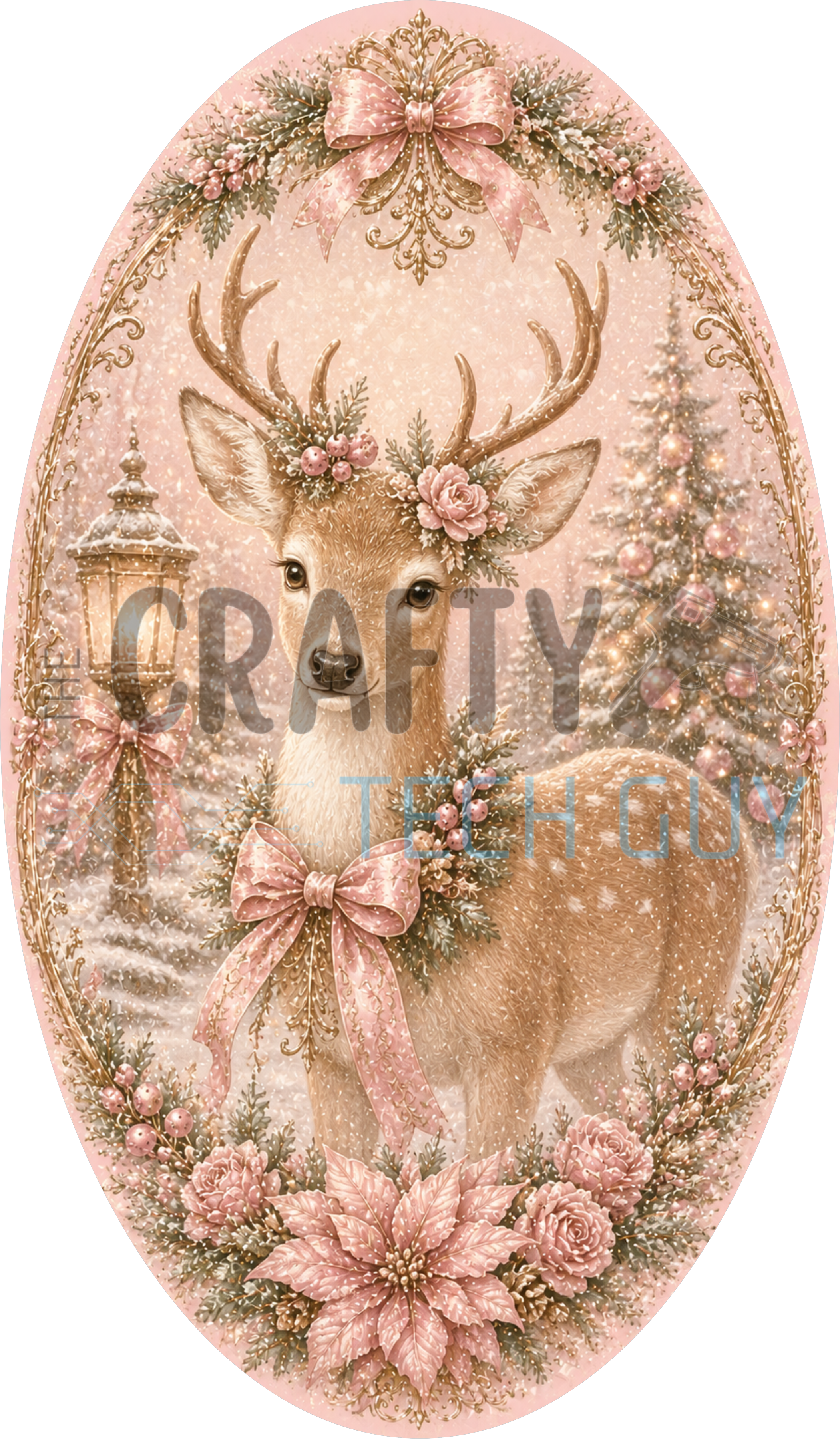 Pink pastel oval Christmas sign with blush deer in a rose crown and ribbon bow beside a lantern and pink Christmas tree