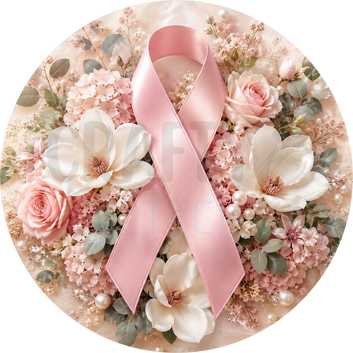 Pink ribbon breast cancer awareness round wreath sign with blush magnolias, roses, hydrangea, eucalyptus and pearls on a cream background