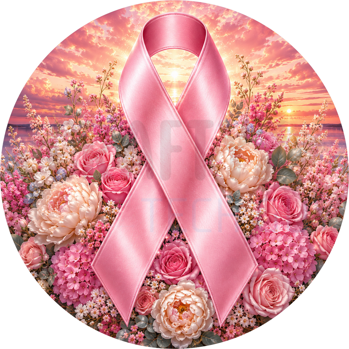 Pink ribbon breast cancer awareness round wreath sign surrounded by pink roses, cream peonies and hydrangea against a coral sunset sky
