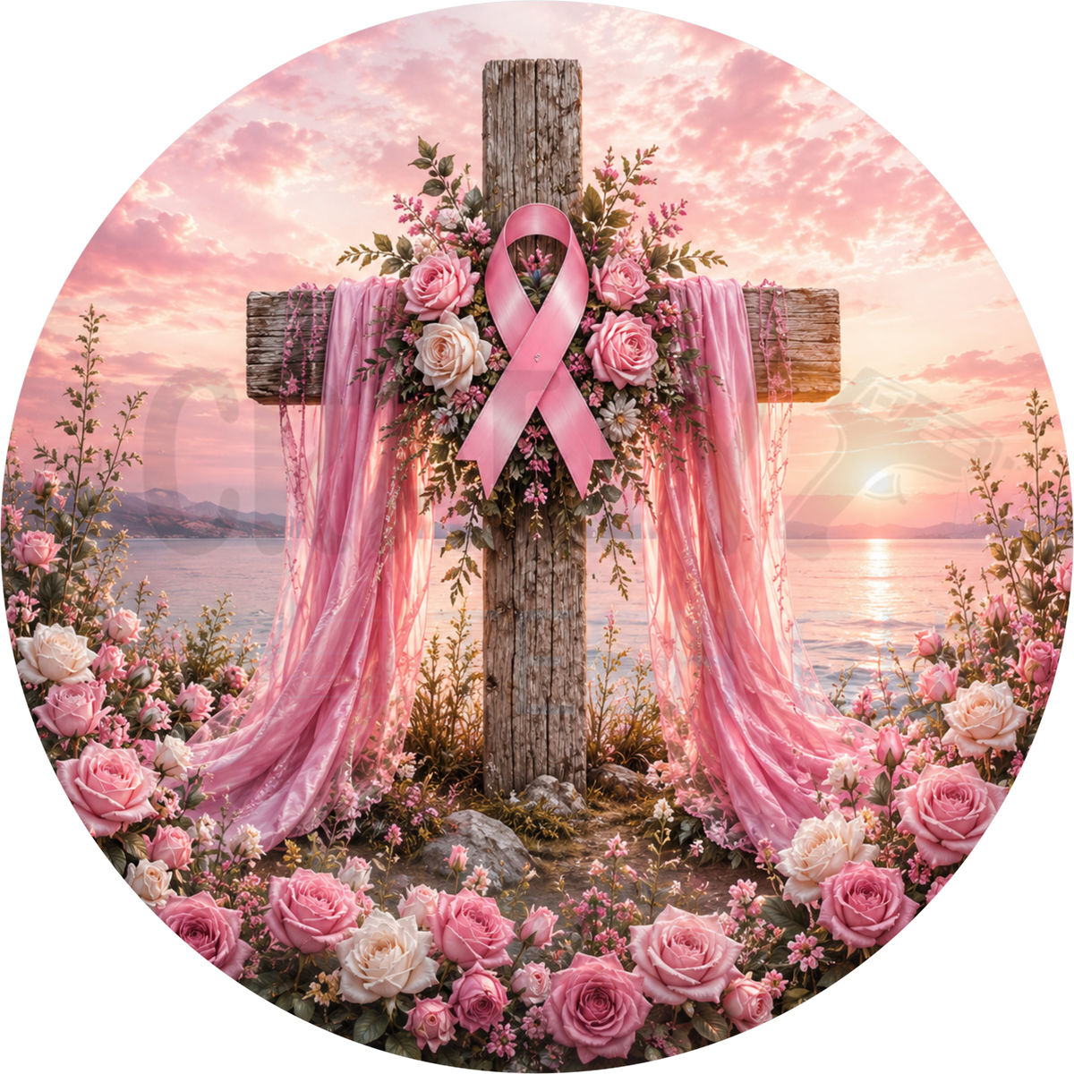 Pink ribbon breast cancer awareness round wreath sign with a rustic wooden cross draped in pink chiffon, roses and a sunset over water