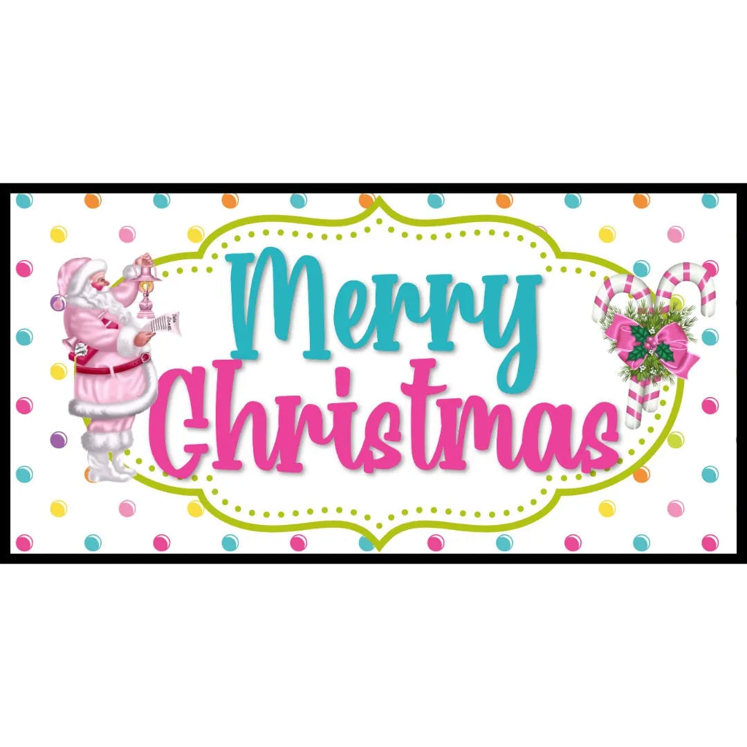 Pink and Teal Santa Merry Christmas Sign, Retro Christmas Decor, Bright Holiday Wall Art, Colorful Christmas Door Sign