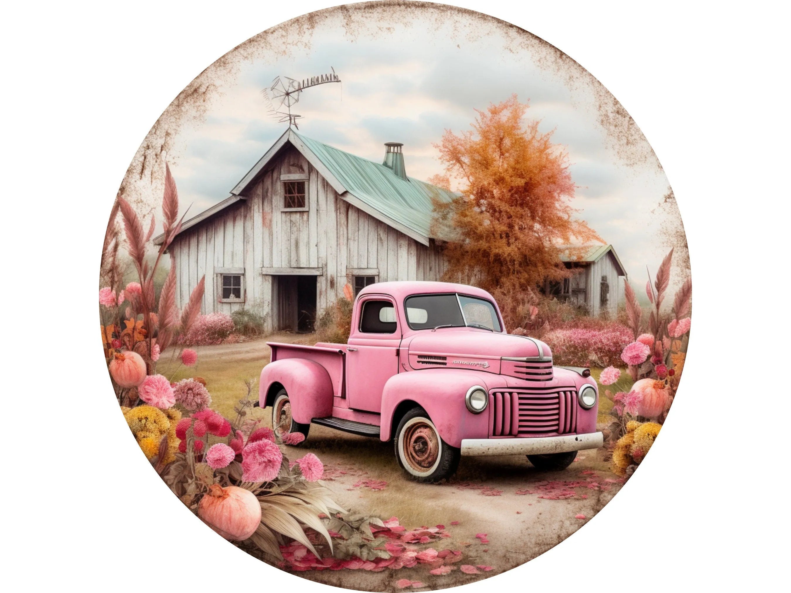 Pink Antique Truck Fall Sign, Metal Farmhouse Barn Decor, Rustic Autumn Wall Art, Vintage Country Harvest Sign