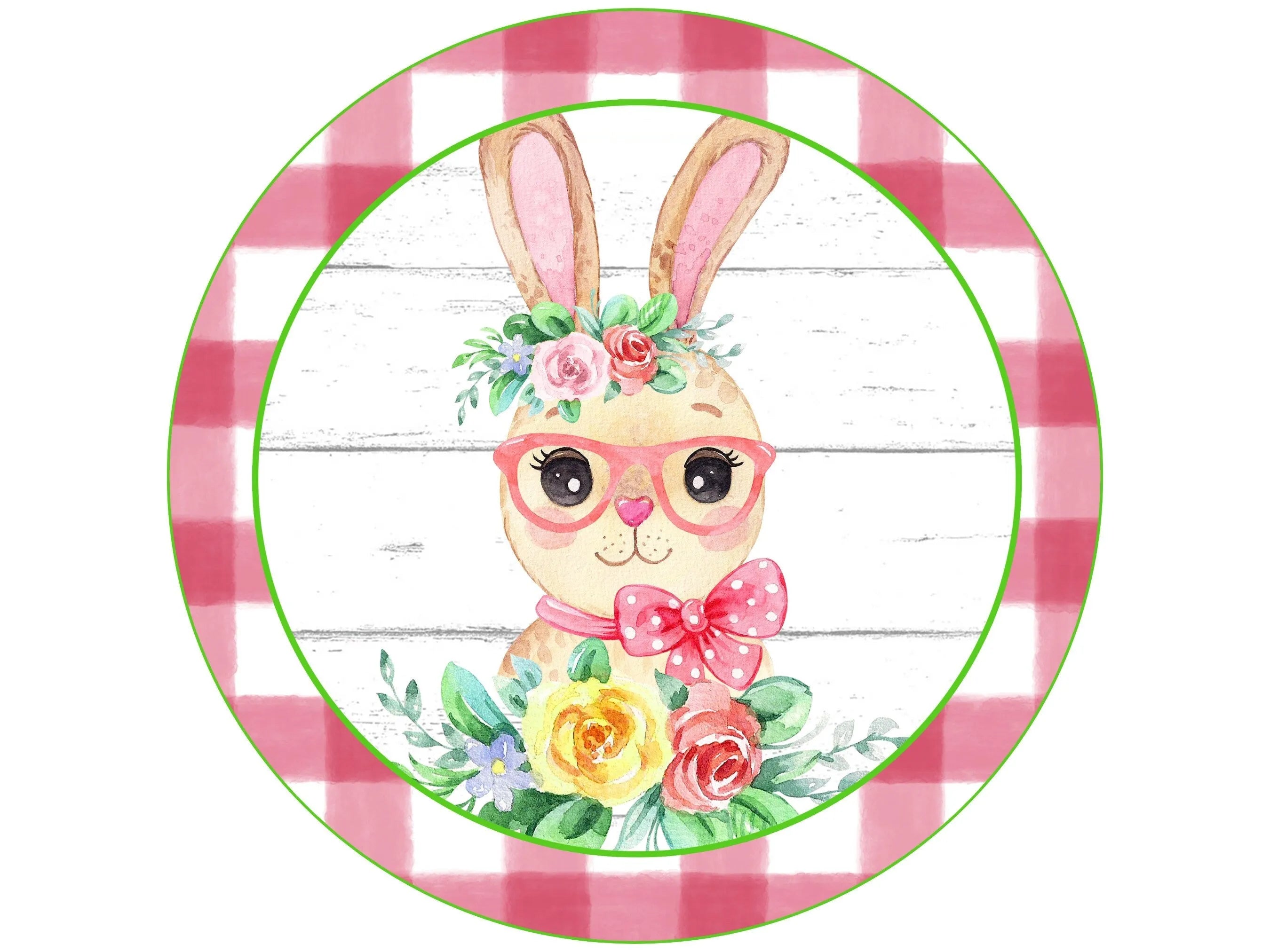 pink buffalo check Easter bunny with glasses wreath sign, Spring Easter bunny with flowers wall art, Girl Easter bunny with glasses sign