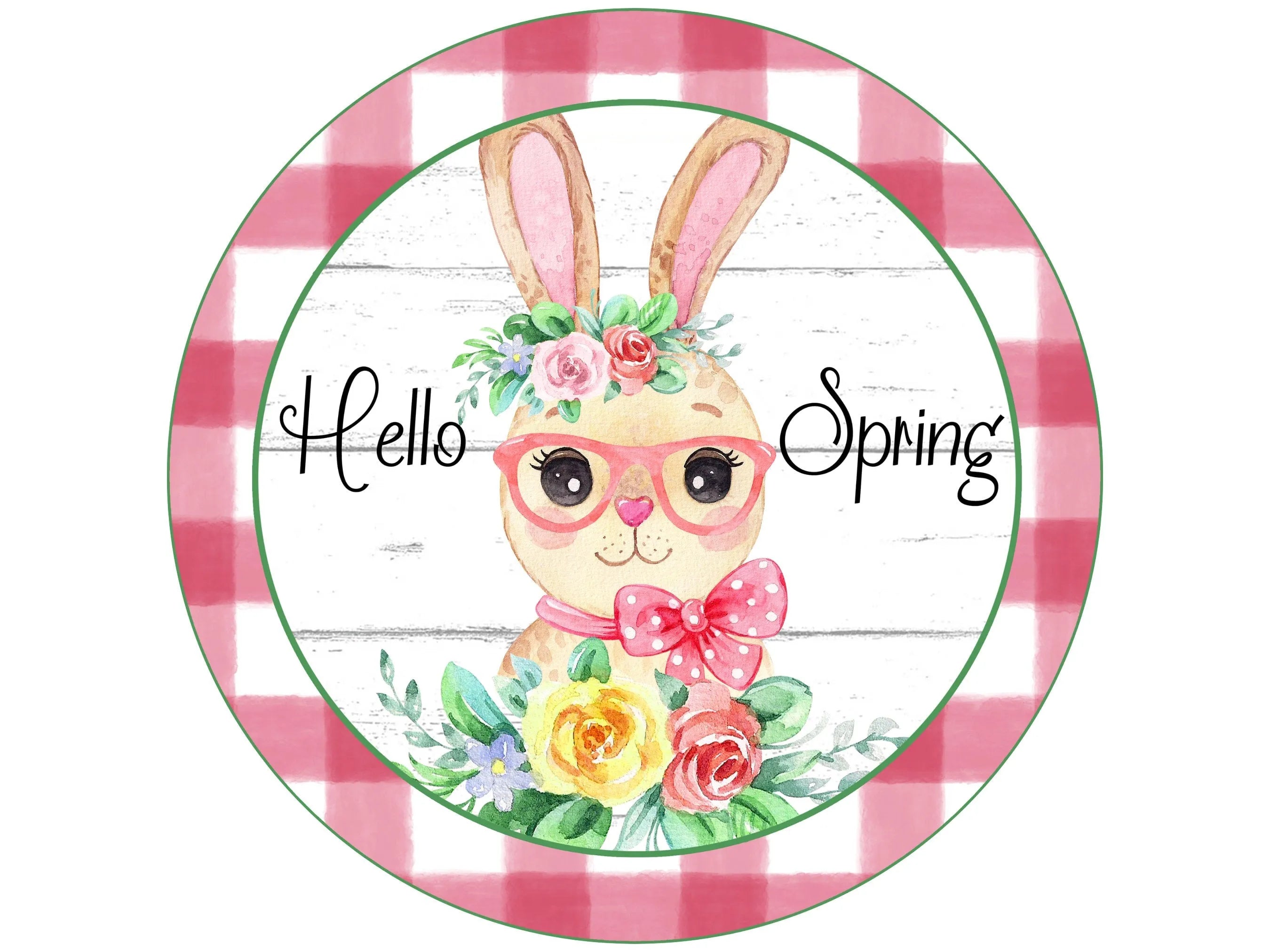 pink buffalo check Easter bunny with glasses wreath sign, Spring Easter bunny with flowers wall art, Girl Easter bunny with glasses sign