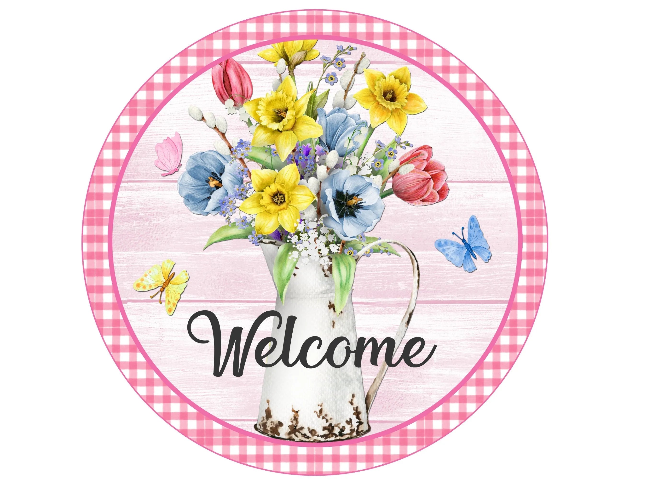 pink buffalo check flowers and butterflies wreath sign, rustic water pitcher with flowers and butterflies, sign for spring, sign for summer