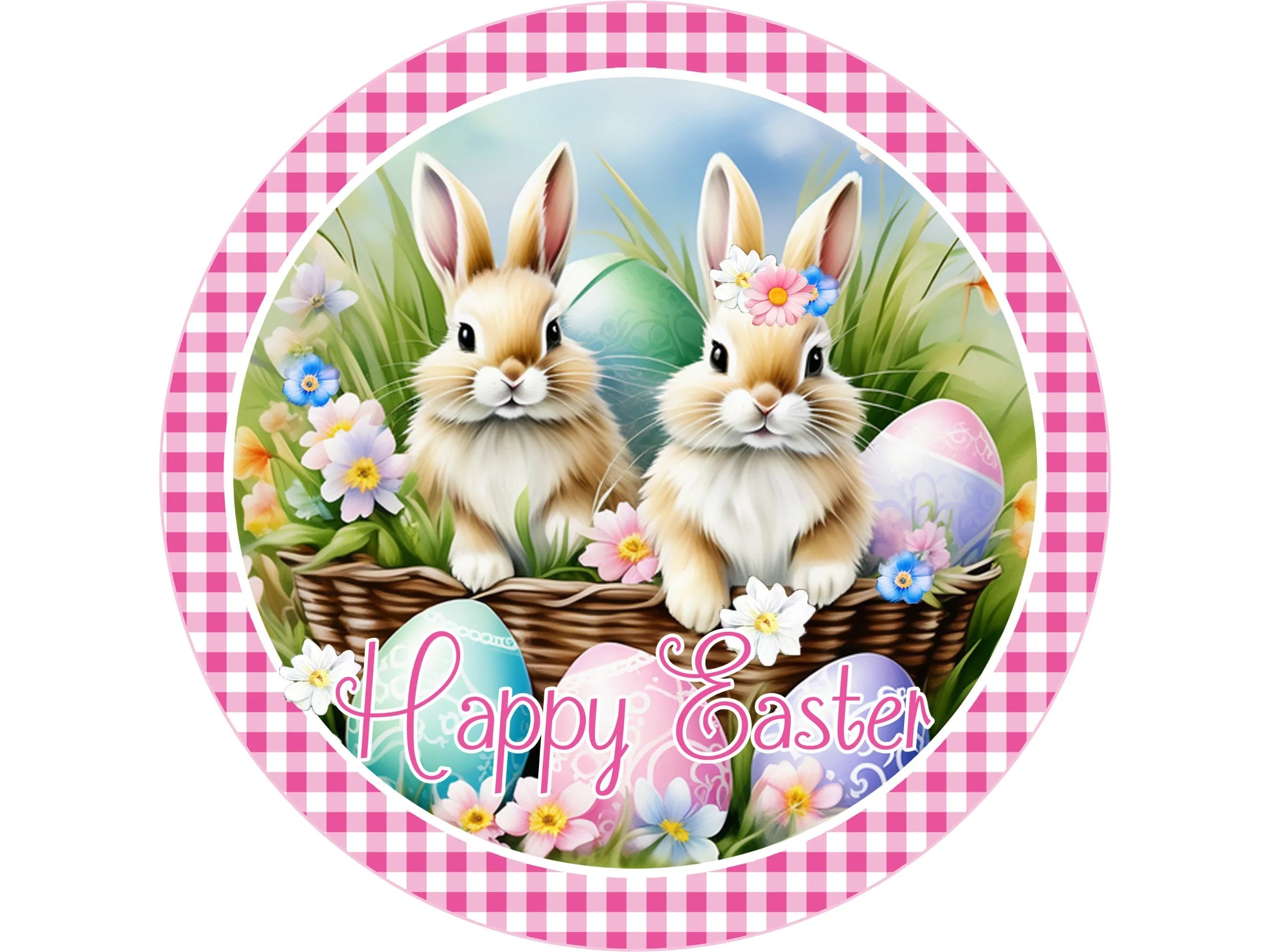 pink check spring pastel bunnies with flowers in a basket metal wreath sign, blue and pink floral Easter bunny wall decoration, Happy Easter