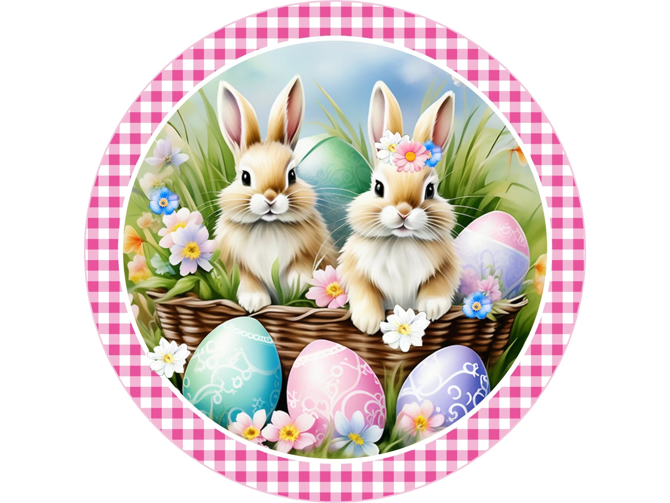 pink check spring pastel bunnies with flowers in a basket metal wreath sign, blue and pink floral Easter bunny wall decoration