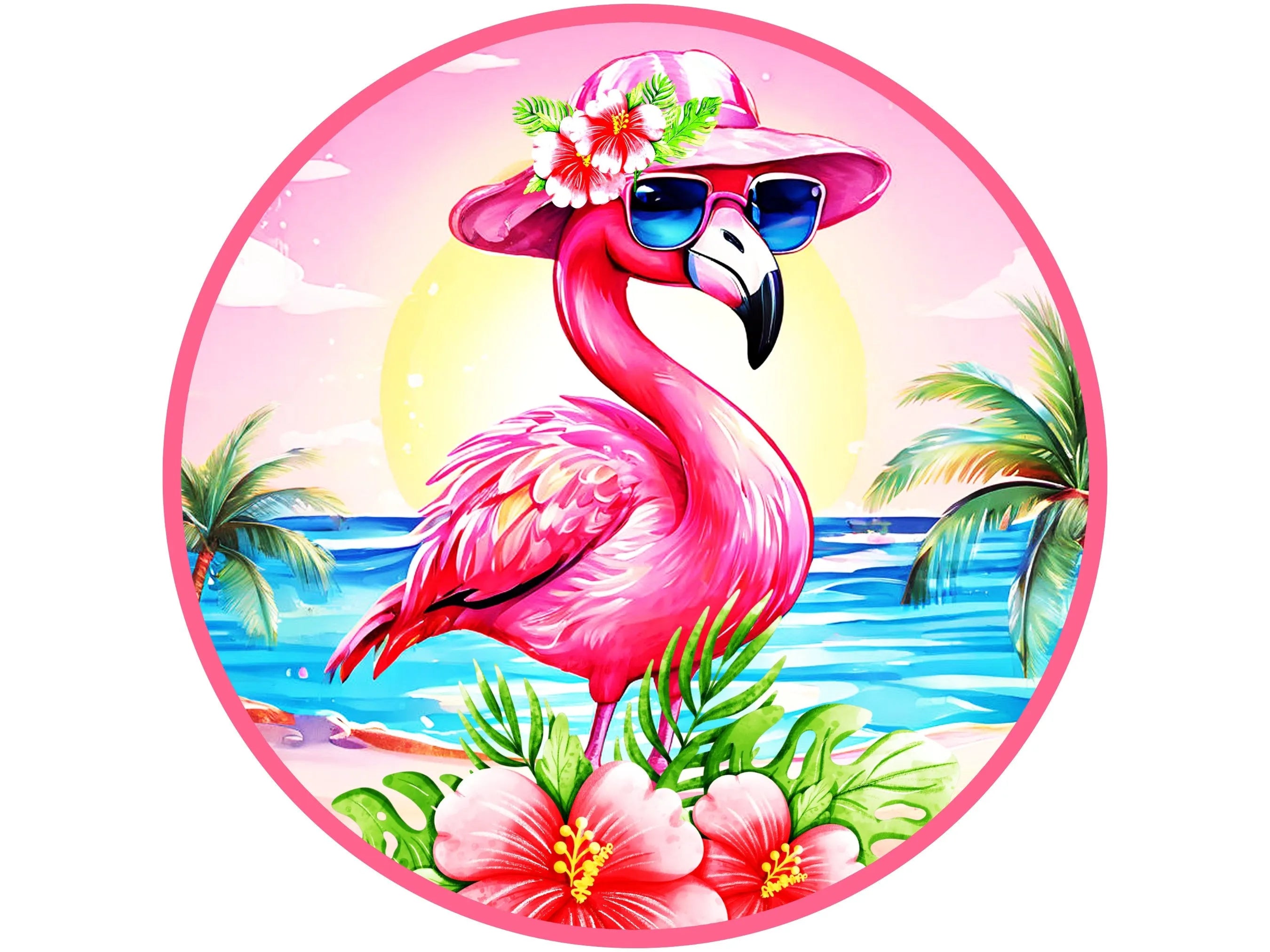 pink flamingo at the beach metal wreath sign, pink flamingo wall art, beach house sign