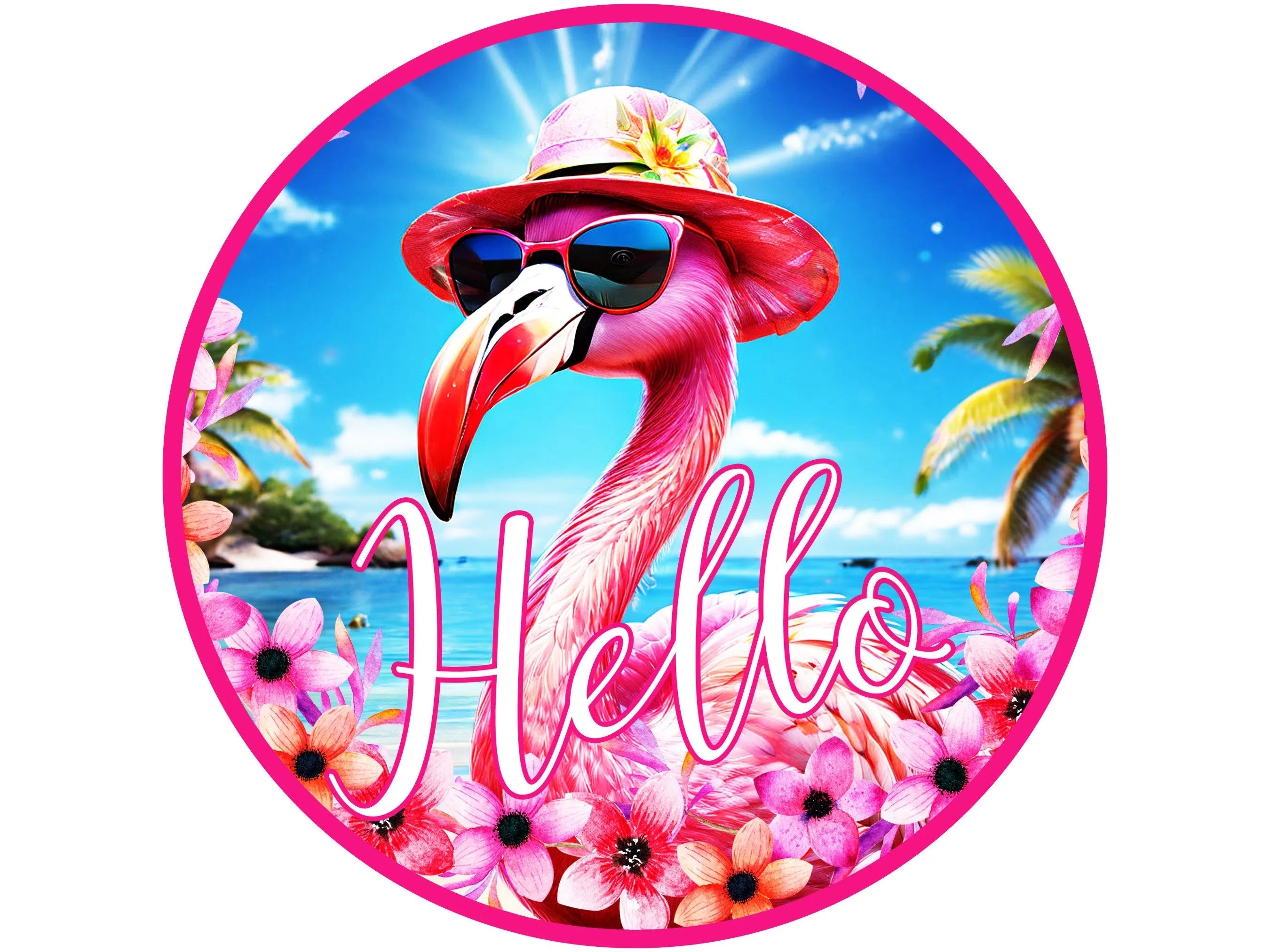 pink flamingo at the beach metal wreath sign, pink flamingo wall art, beach house sign