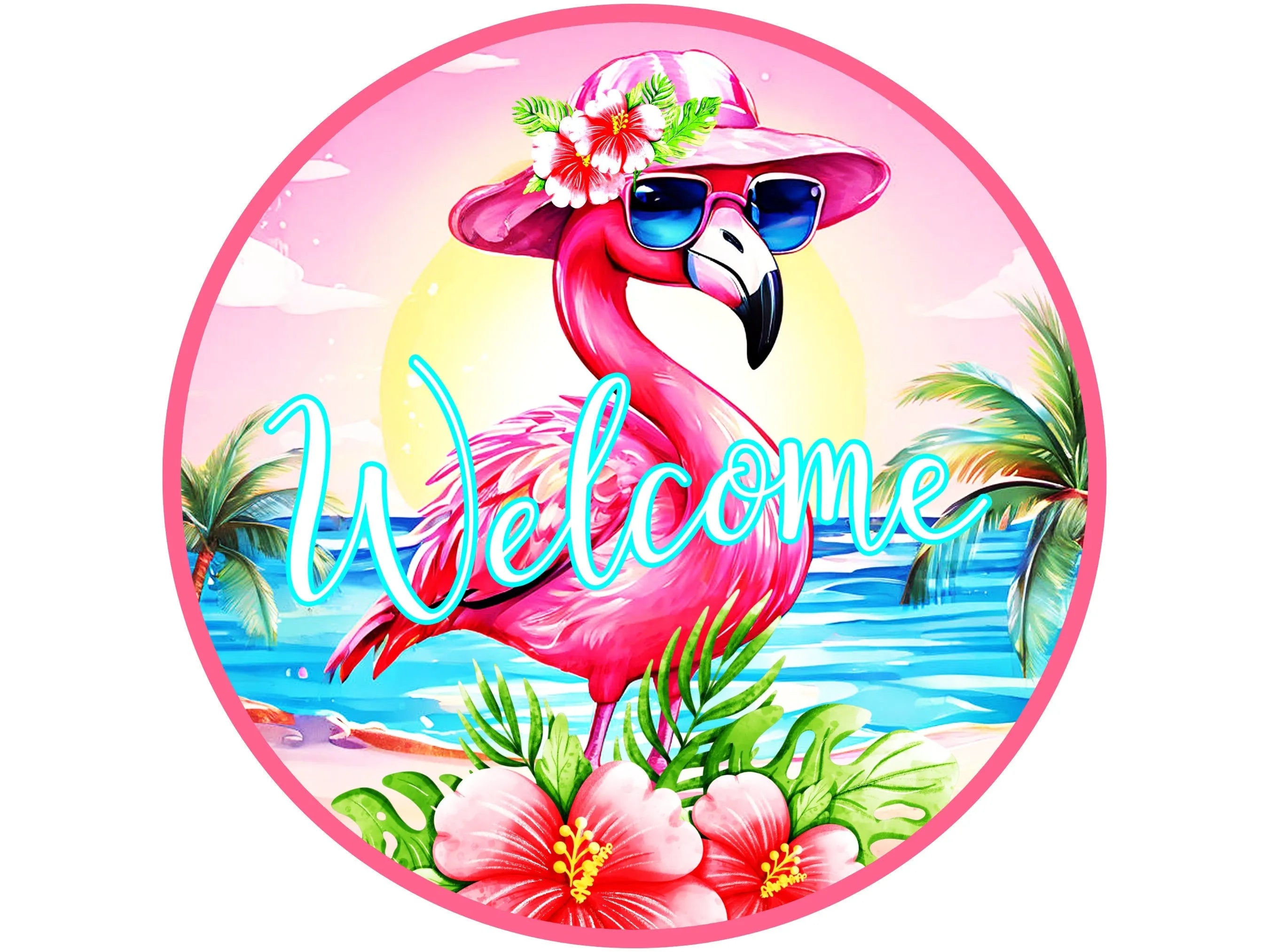 pink flamingo at the beach metal wreath sign, pink flamingo wall art, beach house sign