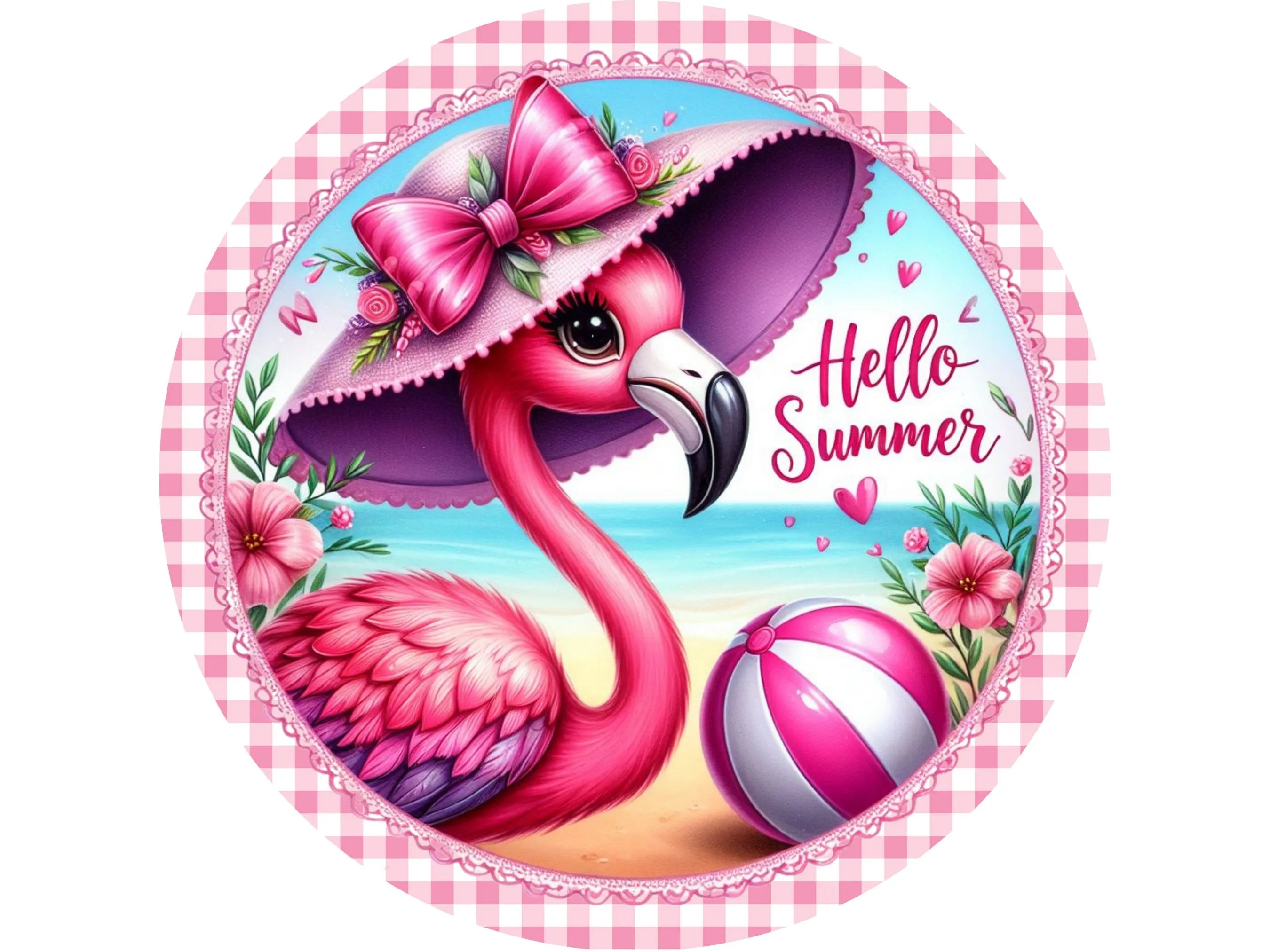 pink flamingo at the beach metal wreath sign, pink flamingo wall art, beach house sign