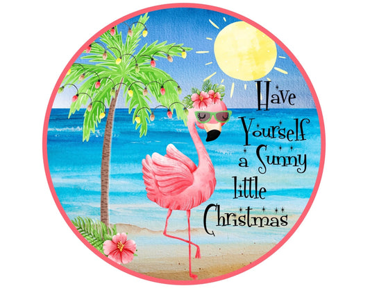 pink flamingo on the beach in the sun Christmas wreath sign, palm tree with Christmas lights on the beach wreath attachment