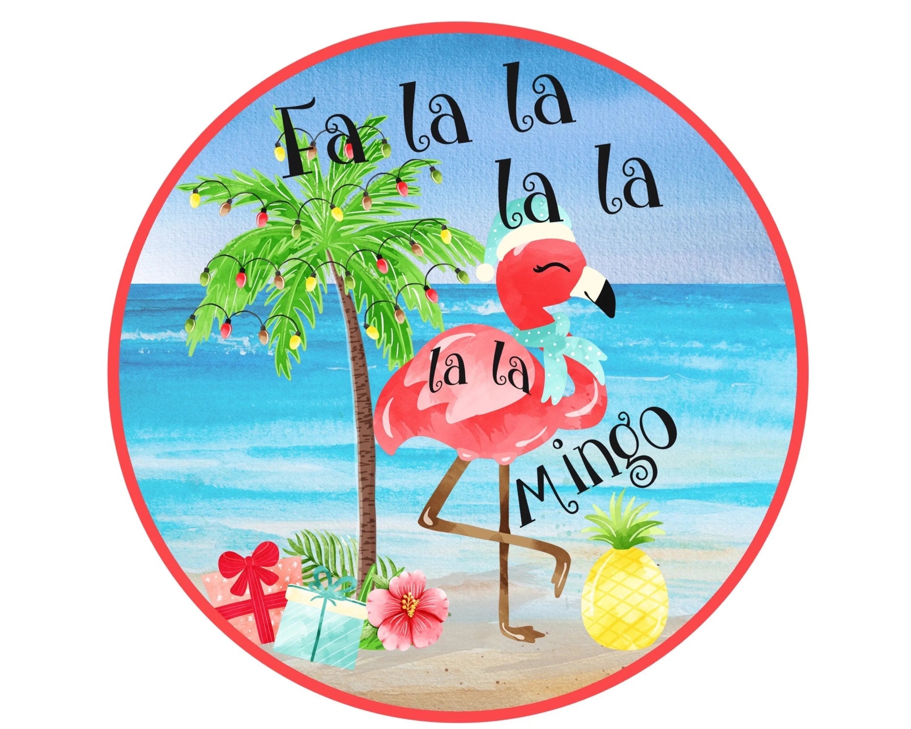 pink flamingo on the beach with pineapple Christmas wreath sign, palm tree with Christmas lights on the beach wreath attachment