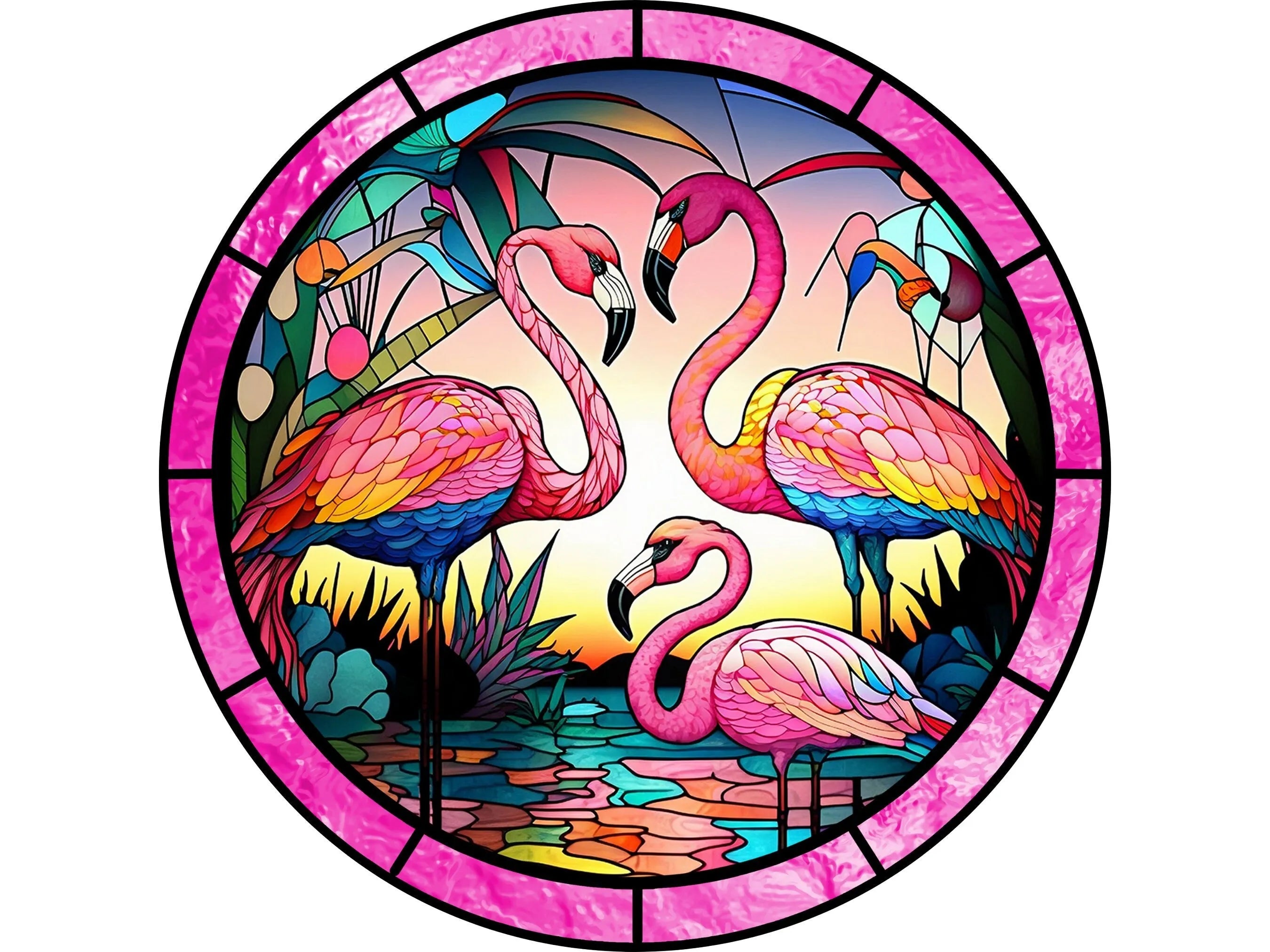 pink flamingos standing in a lake wreath sign, pink flamingo stained glass wall art, flamingo sign for the kitchen