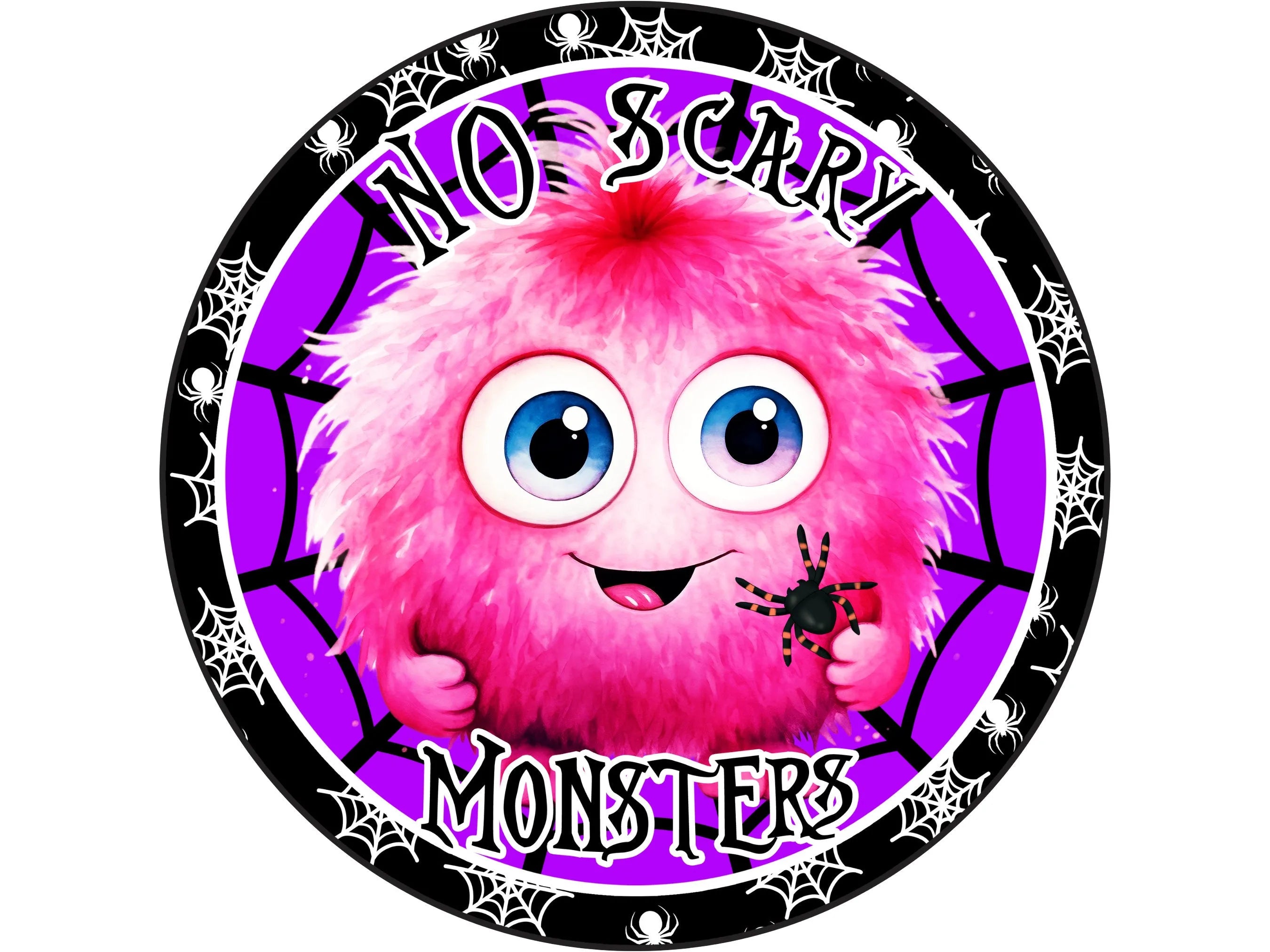 pink furry monster with spiders metal wreath sign, sign for Halloween, sign for October