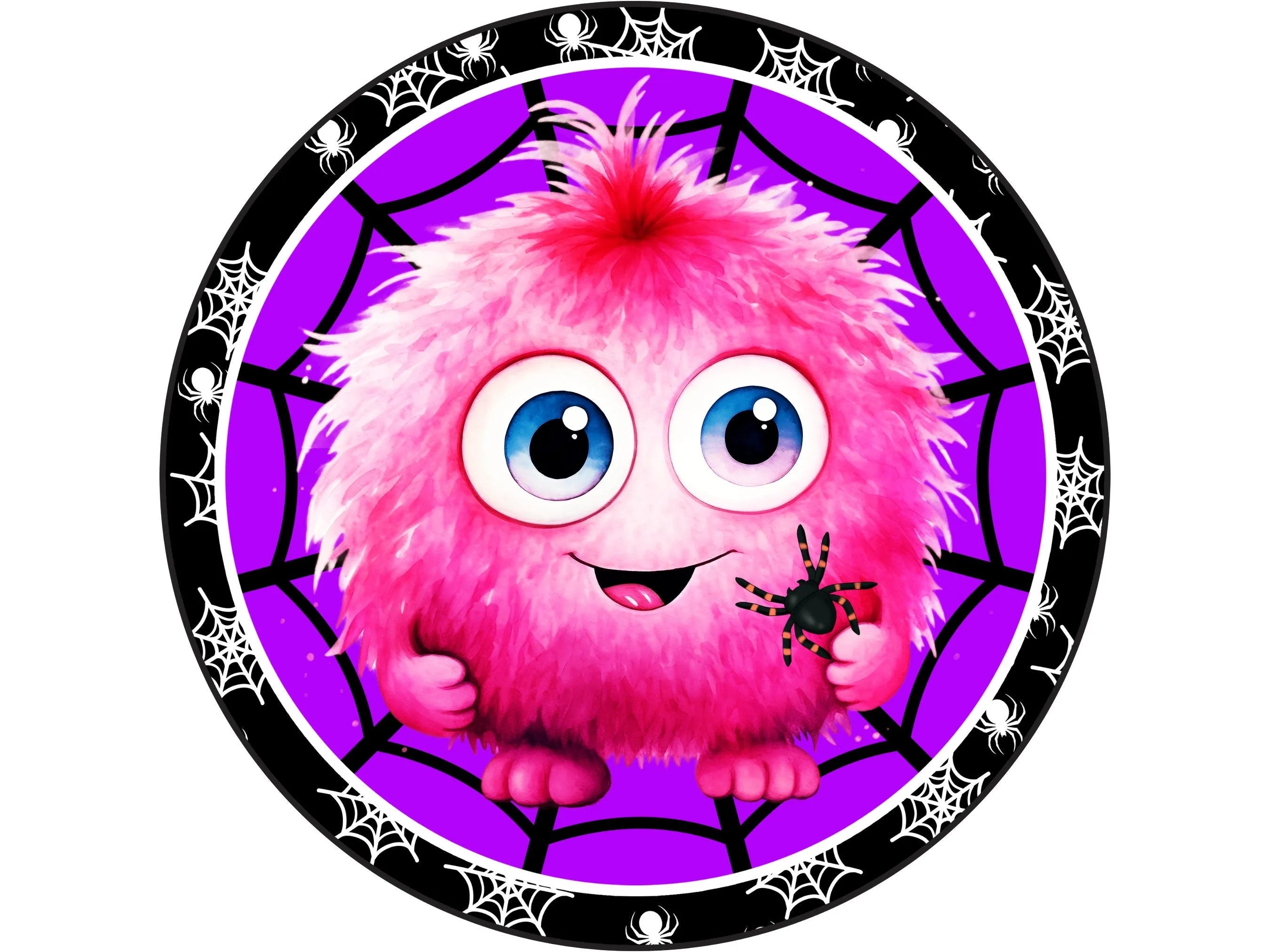 pink furry monster with spiders metal wreath sign, sign for Halloween, sign for October