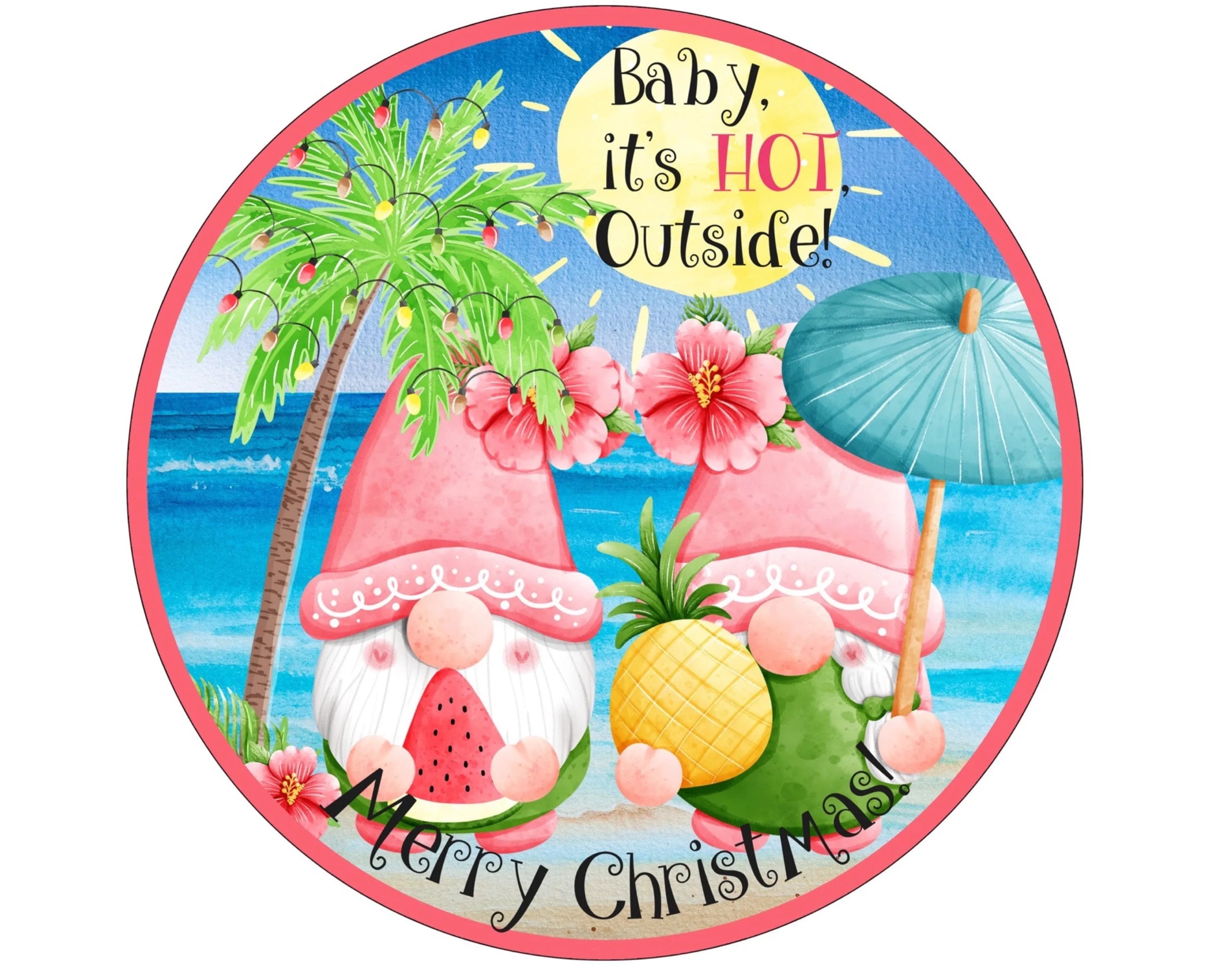 pink gnome couple Merry Christmas on the beach wreath sign, gnome beach Christmas palm tree sand and ocean wreath attachment