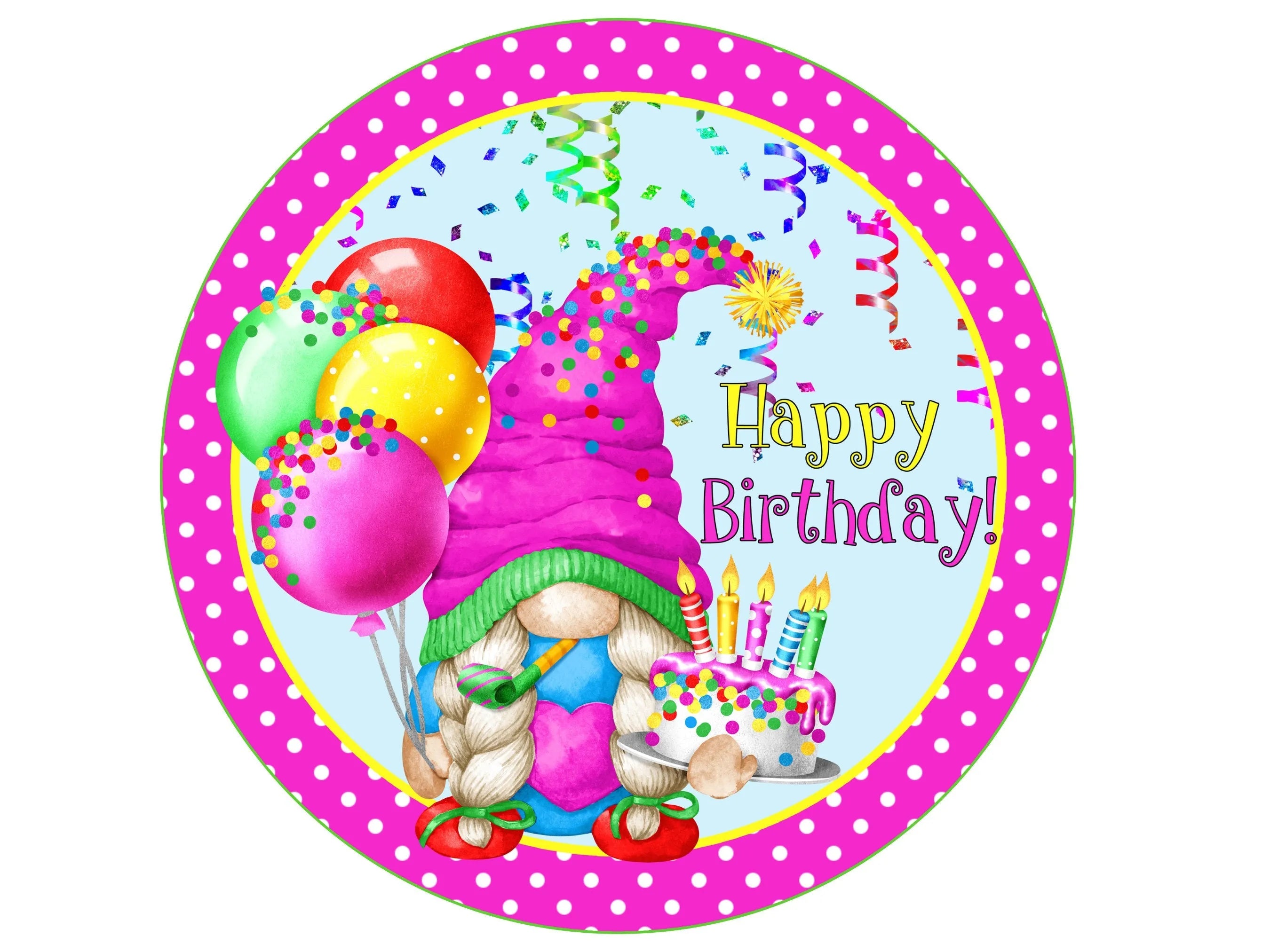 pink gnome with balloons happy birthday wreath sign, first birthday sign, 1st birthday sign