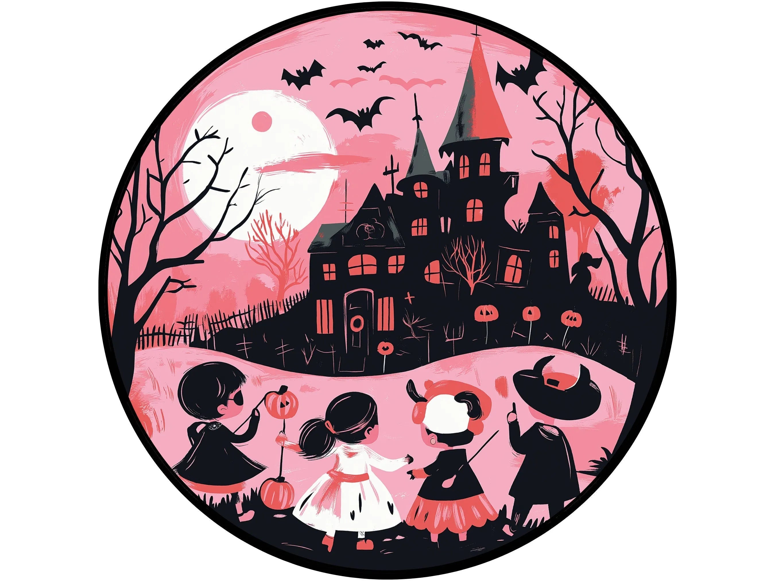 Pink Orange Halloween Night Sign, Trick or Treaters Metal Wall Art, Haunted House Scene