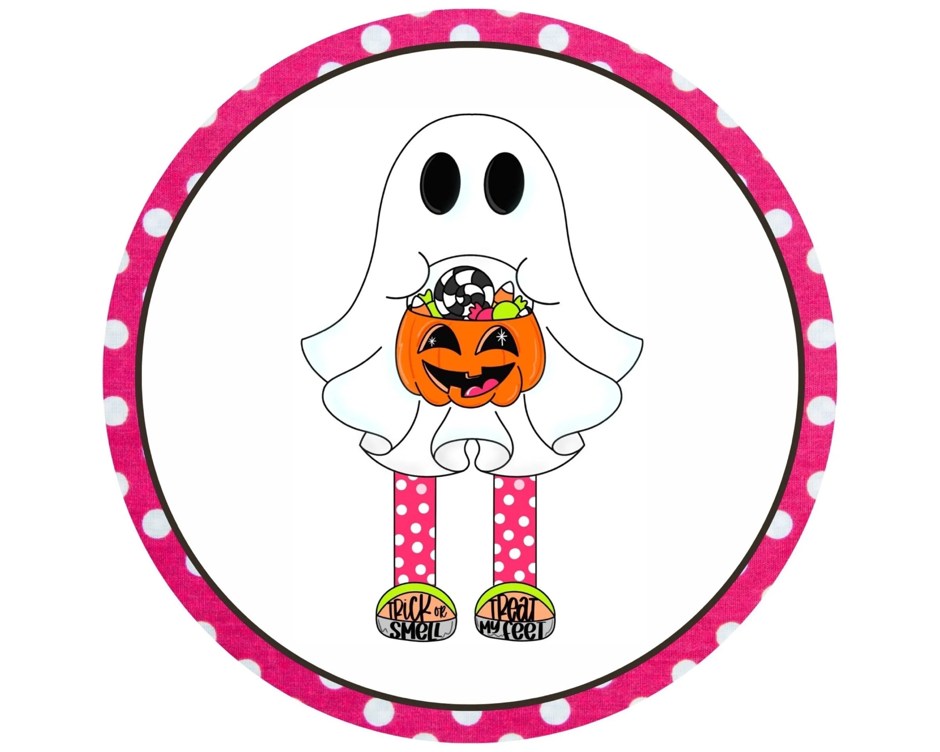 pink polka dot ghost with pumpkin Halloween wreath sign, ghost trick or treat Halloween wreath attachment, ghost carrying pumpkin wall art