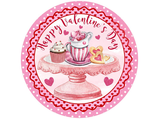 pink polka dot valentine sweets wreath sign, happy valentine's day cupcake tea party wall art, round heart polka dot coffee dessert sign