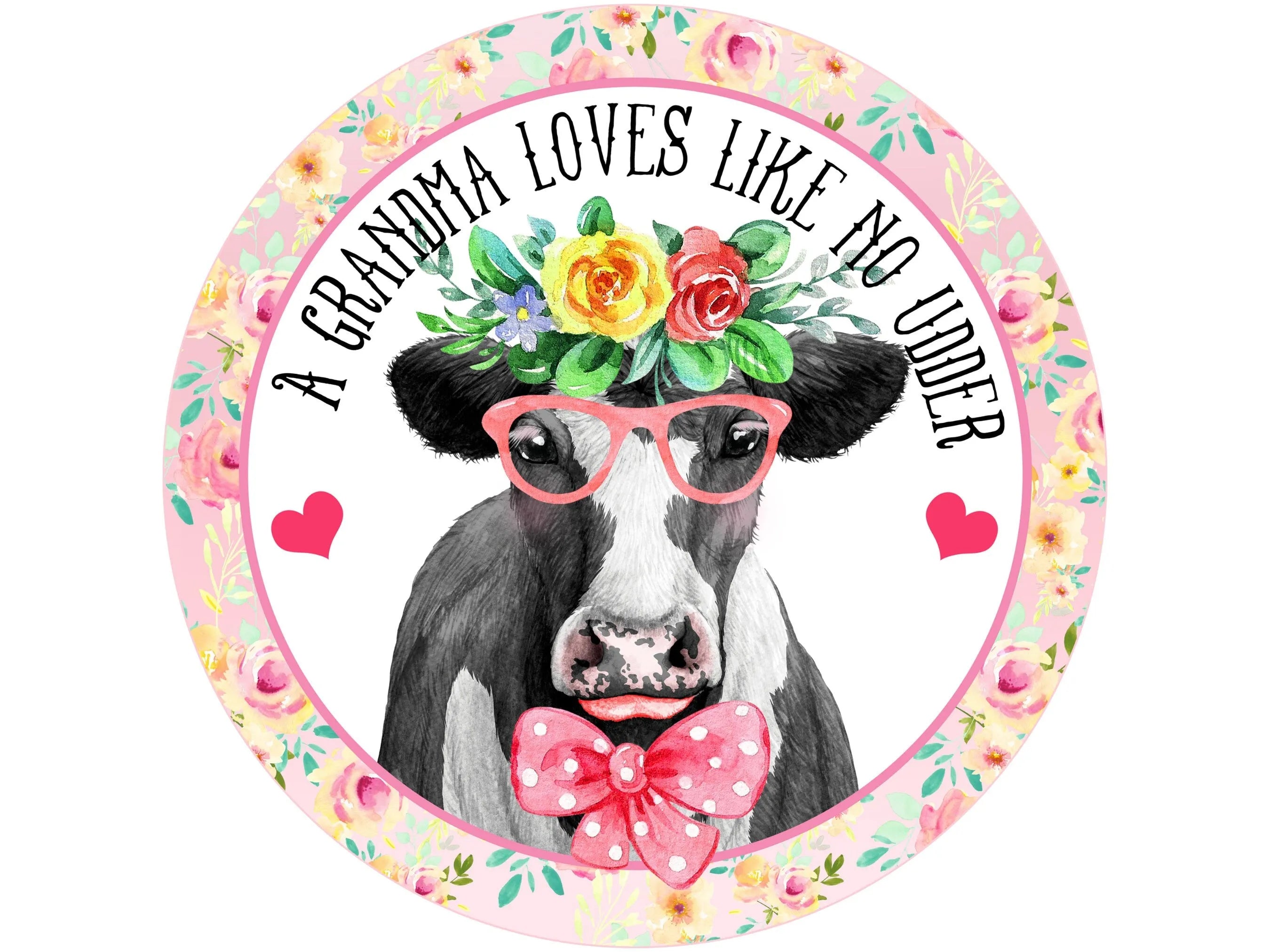 pink roses cow grandma metal wreath sign, farmhouse cow with glasses wreath attachment, wreath sign for grandmother