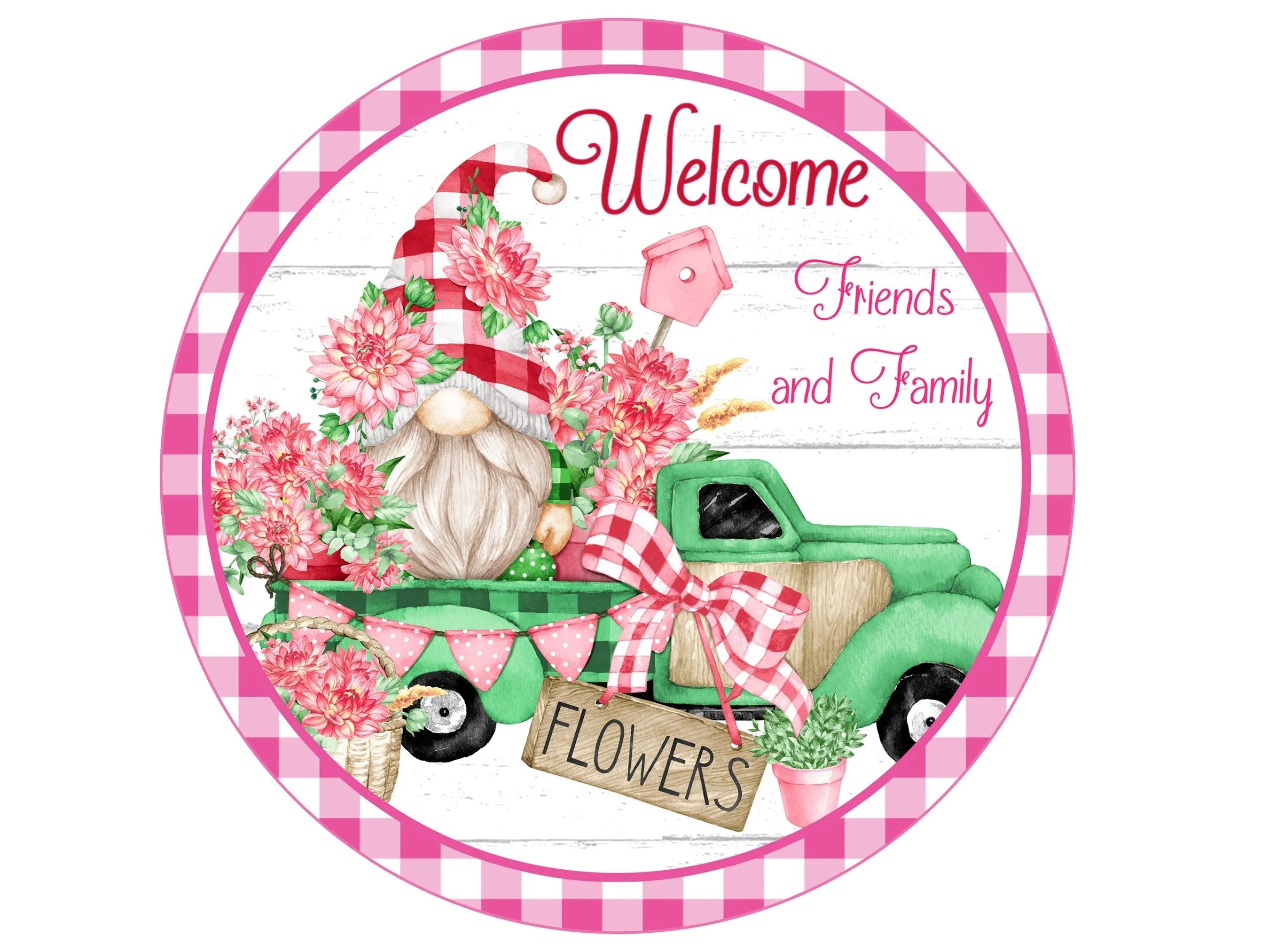 pink roses green truck gnome wreath sign, flowers with birdhouse gnome antique truck wall art