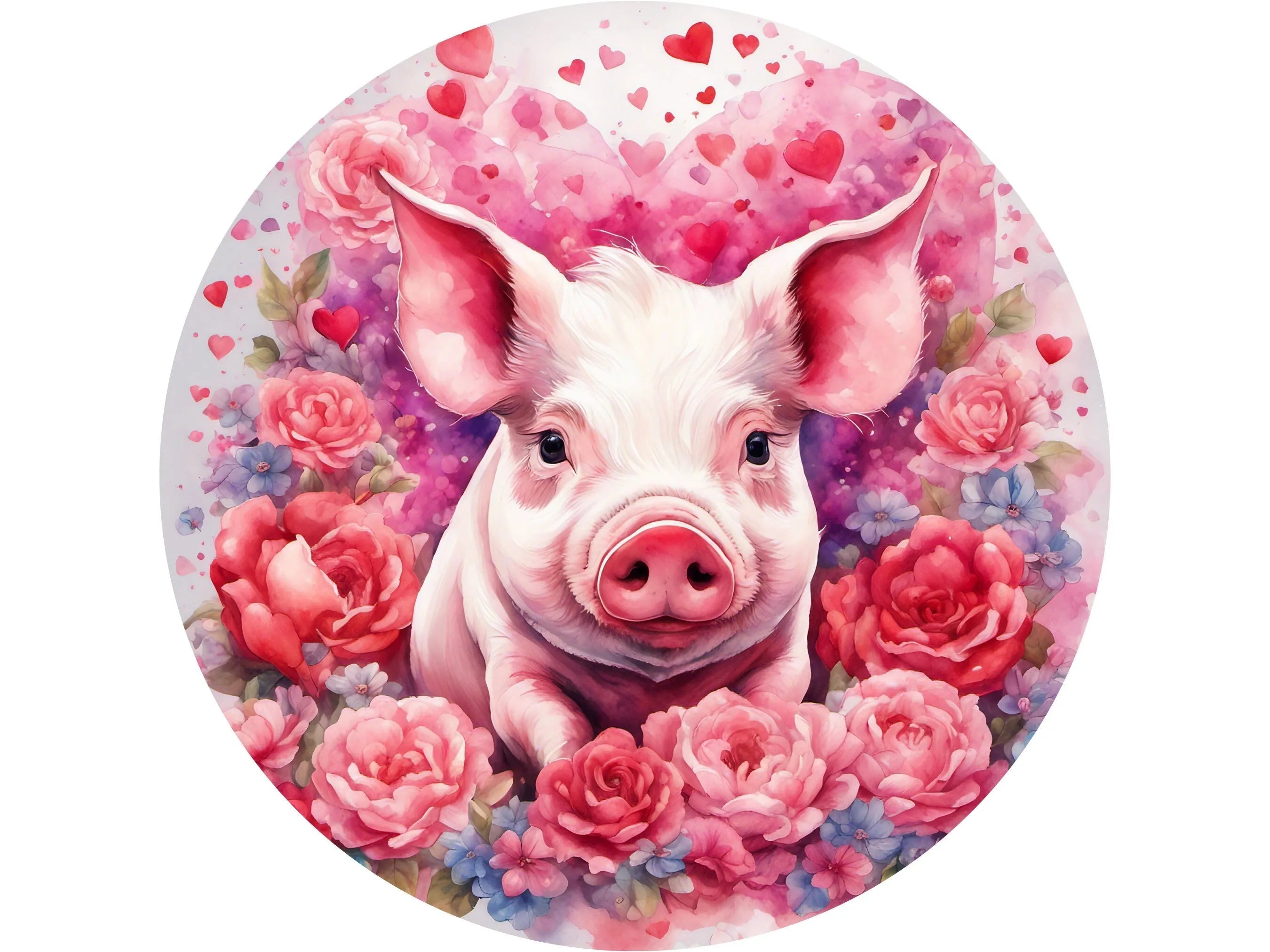 pink roses happy pig Valentine's Day wreath sign, pink flowers and red hearts farm life wall art, realistic pink pig floral decoration