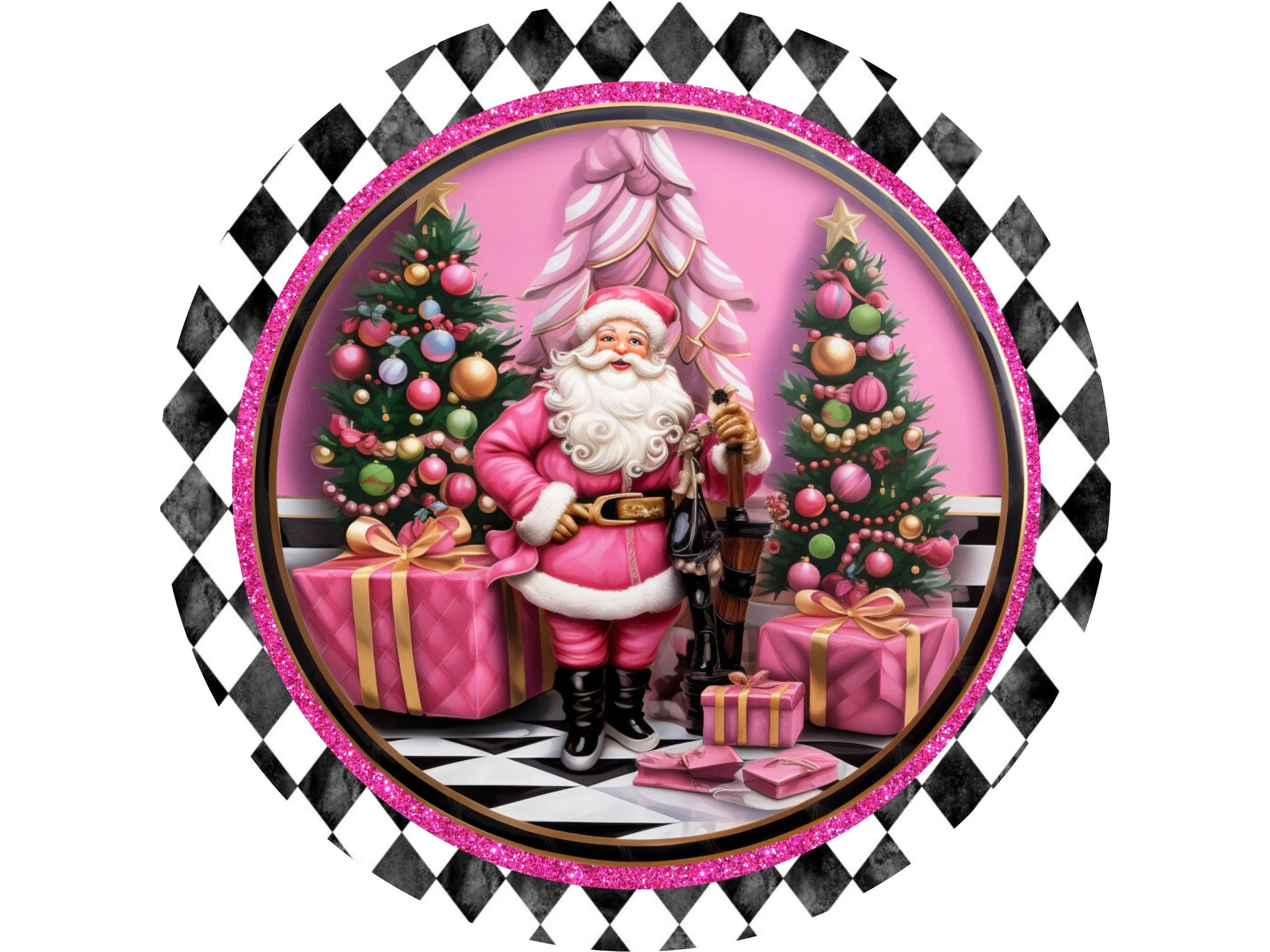 Pink Santa Christmas Sign, Retro Holiday Decor, Vintage Christmas Trees