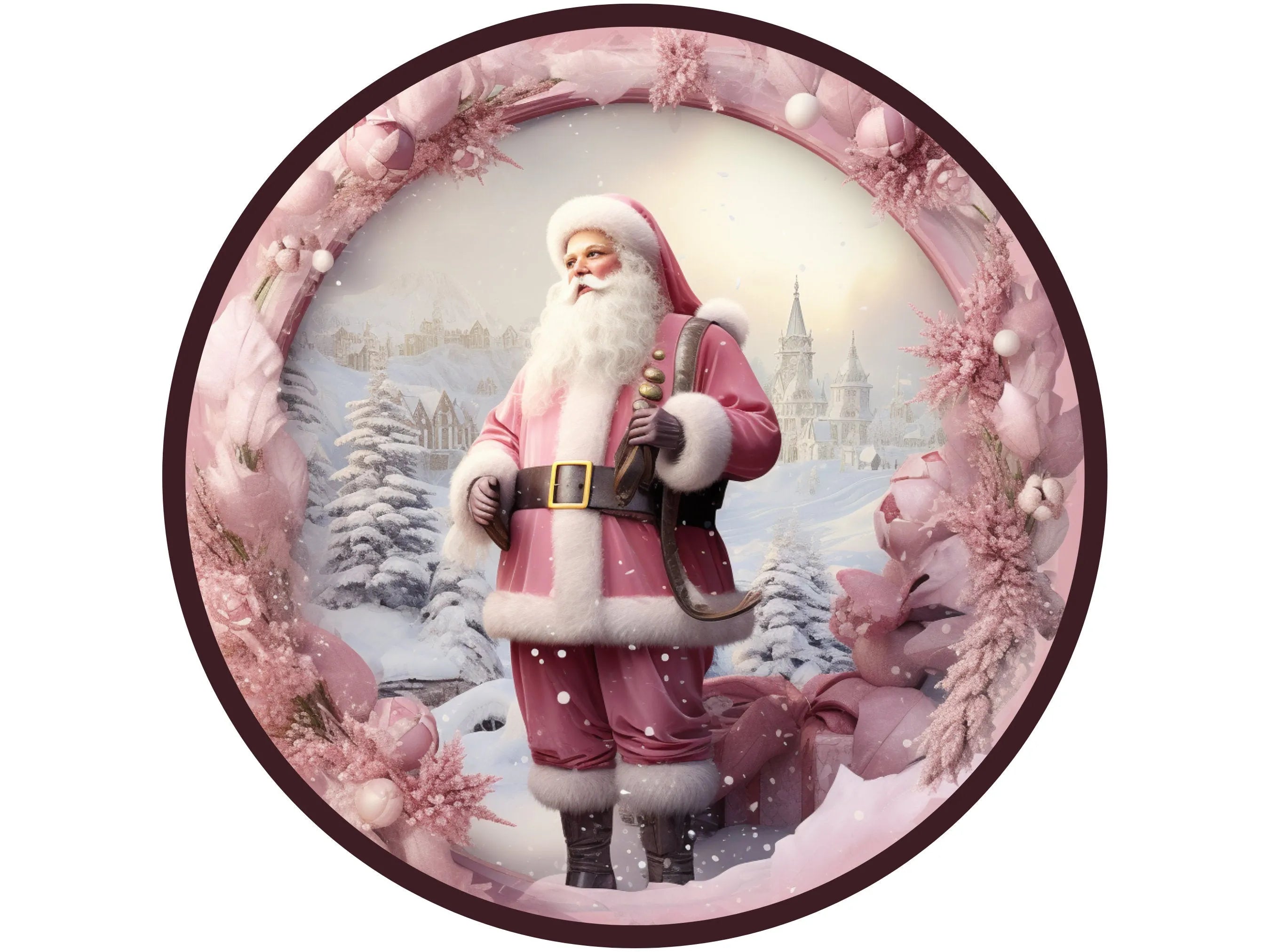 pink Santa Claus standing in front of North Pole Christmas wreath sign, sign for Christmas, sign for December