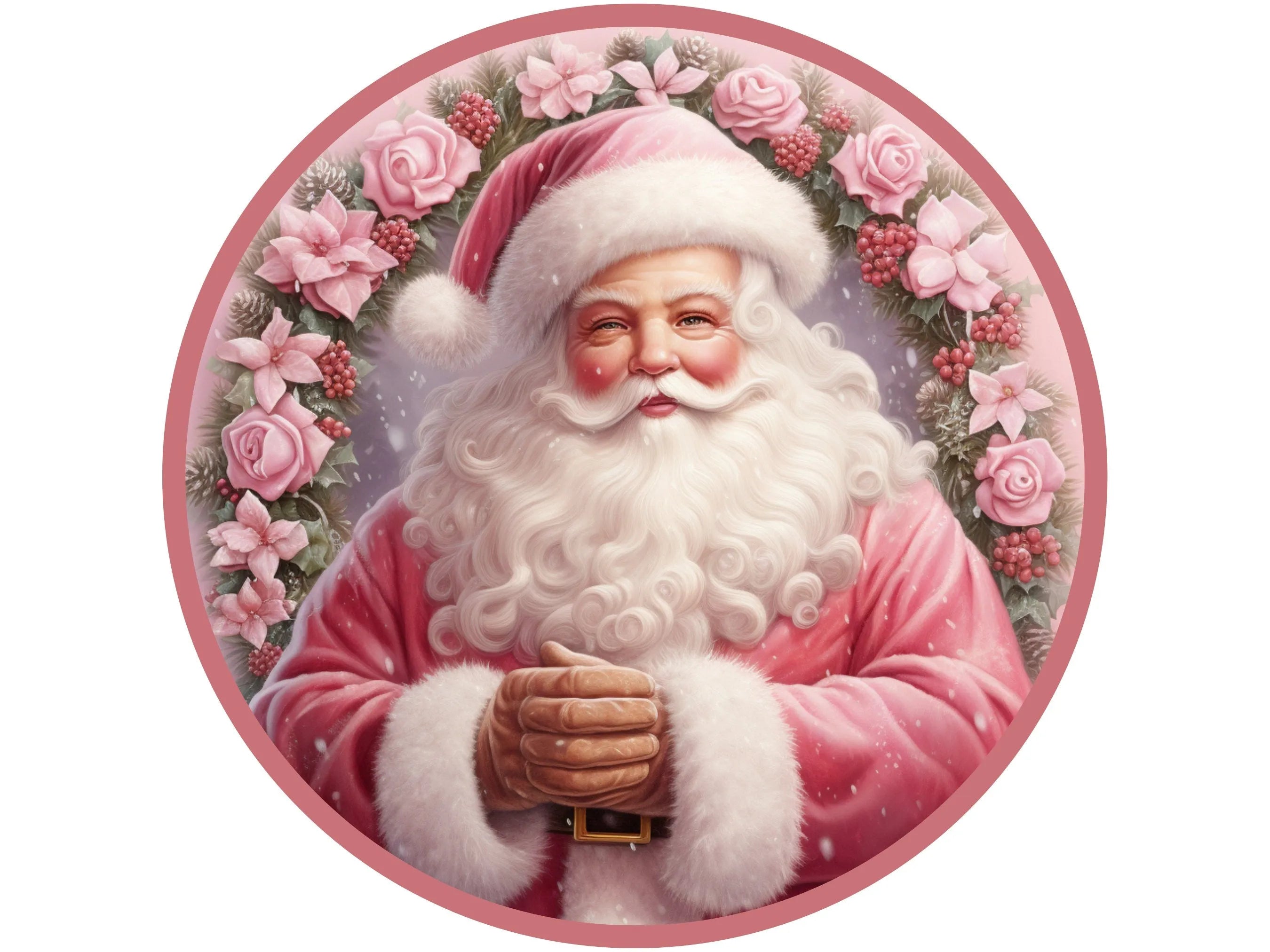 pink Santa Claus with floral garland Christmas wreath sign, sign for Christmas, sign for December