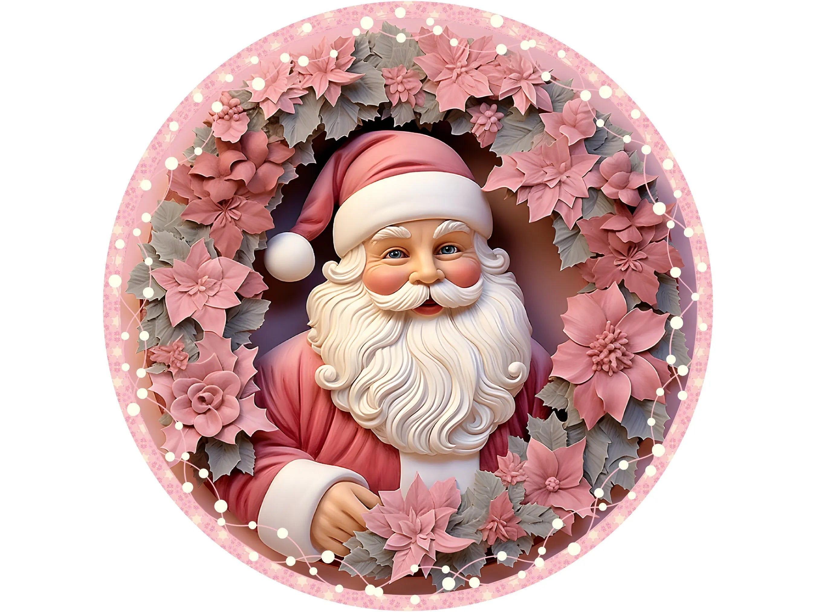 pink Santa Claus with poinsettias Christmas wreath sign, sign for Christmas, sign for December