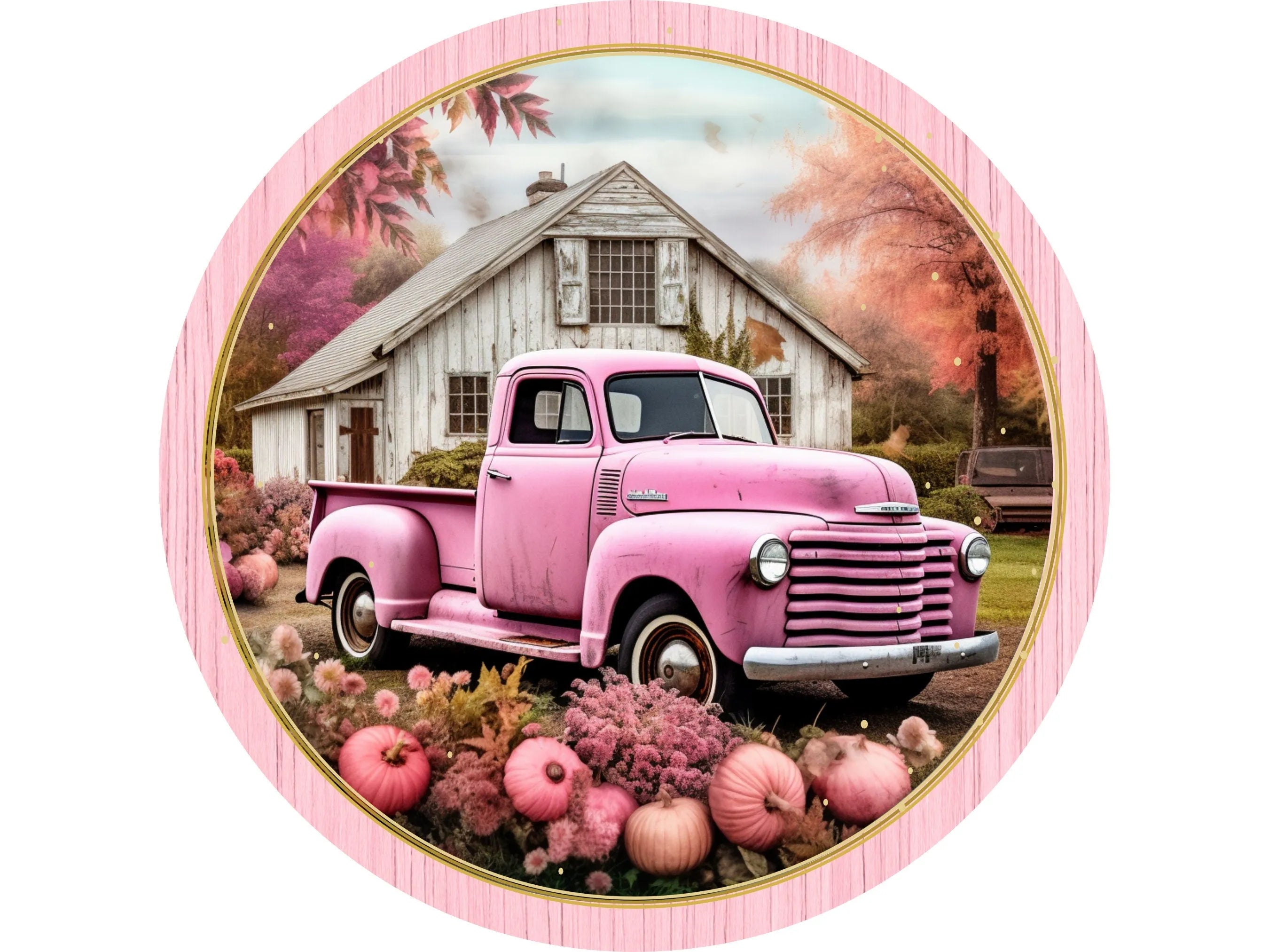 Pink Truck with Pumpkins Sign, Metal Farmhouse Fall Decor, Rustic Barn Autumn Wall Art, Vintage Harvest Sign