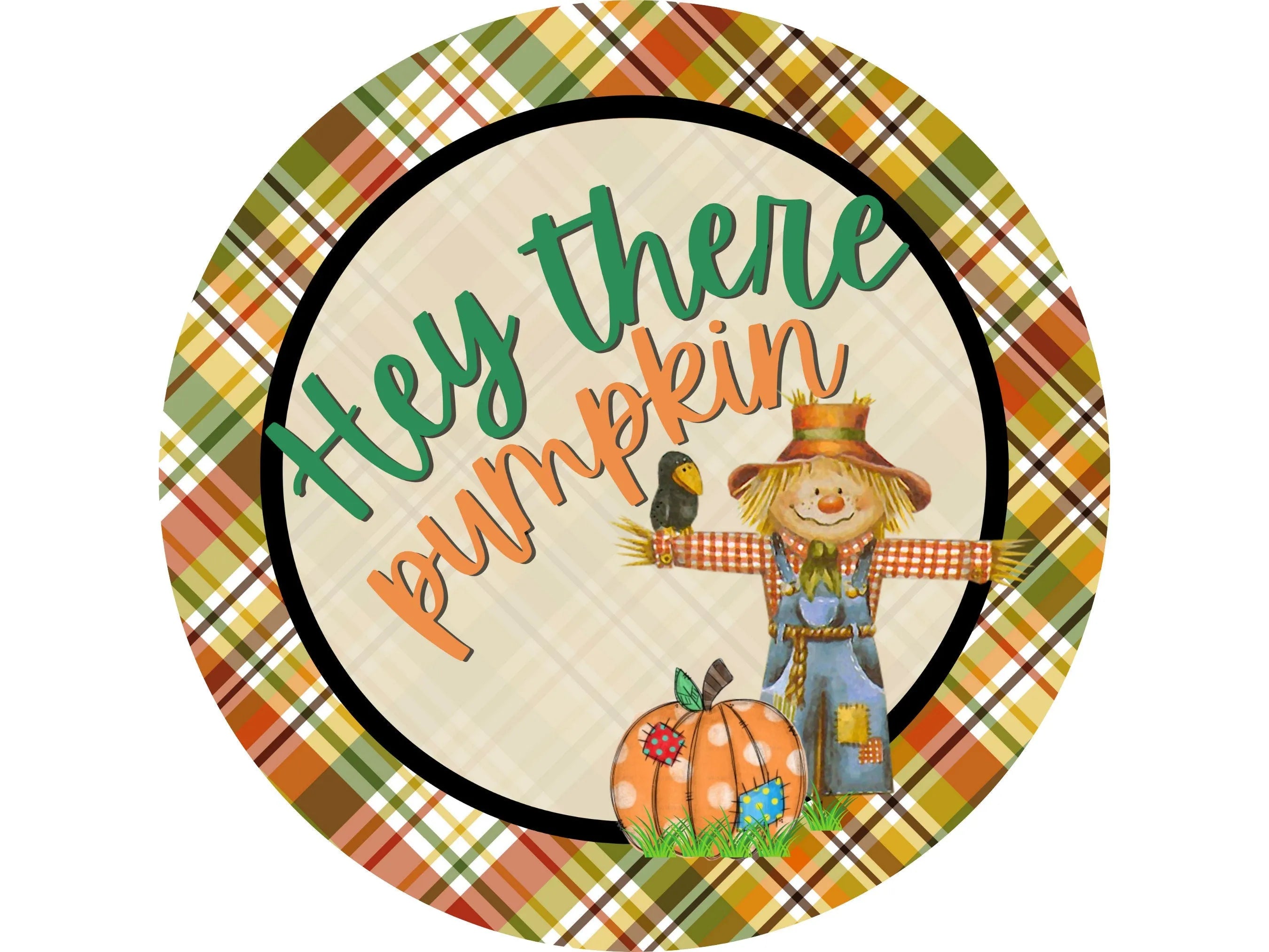 Plaid Border Pumpkin Scarecrow Sign, Rustic Fall Metal Decor, Farmhouse Autumn Wall Hanging