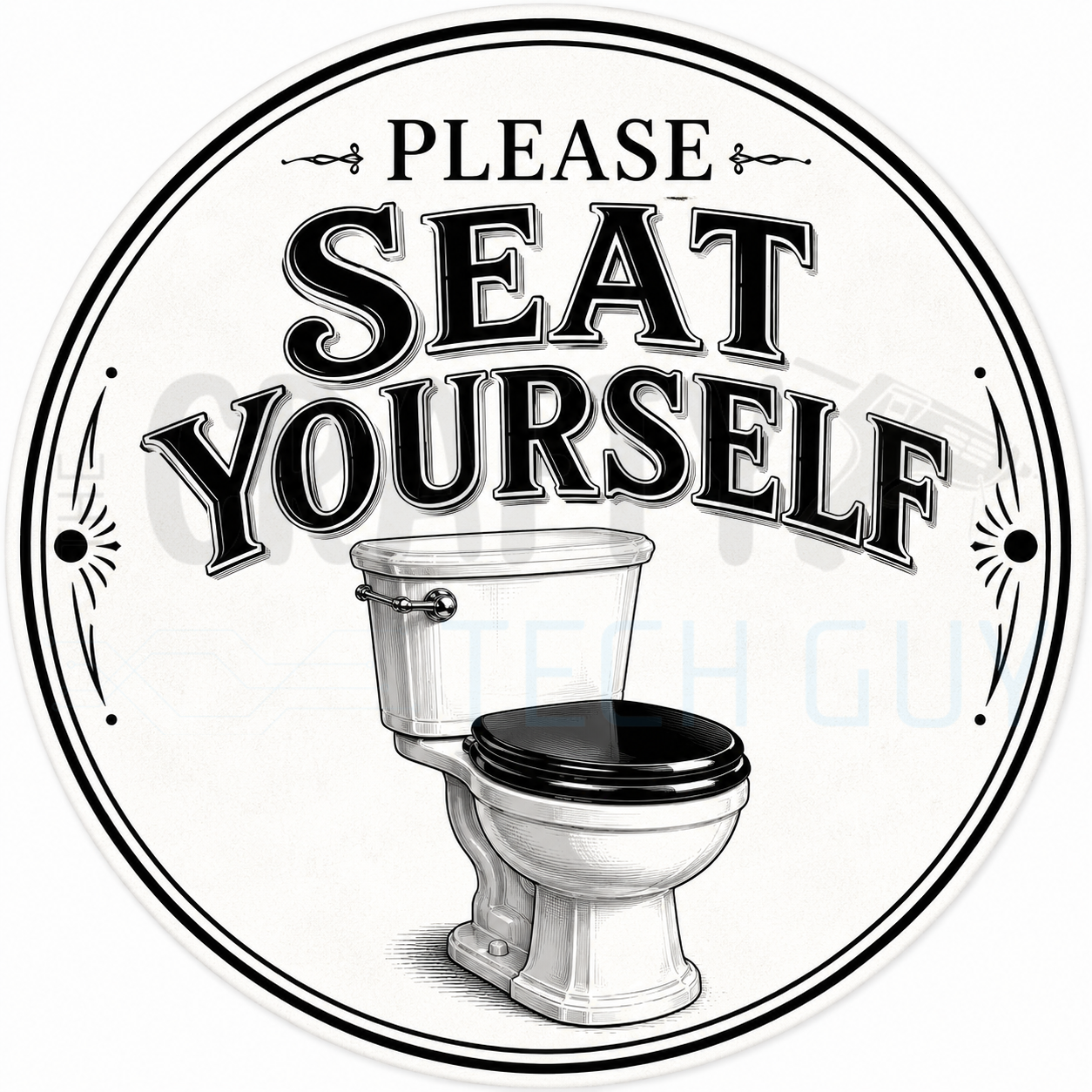 Please Seat Yourself round bathroom wreath sign in coated aluminum, showing vintage black lettering above a hand-drawn toilet with a black seat