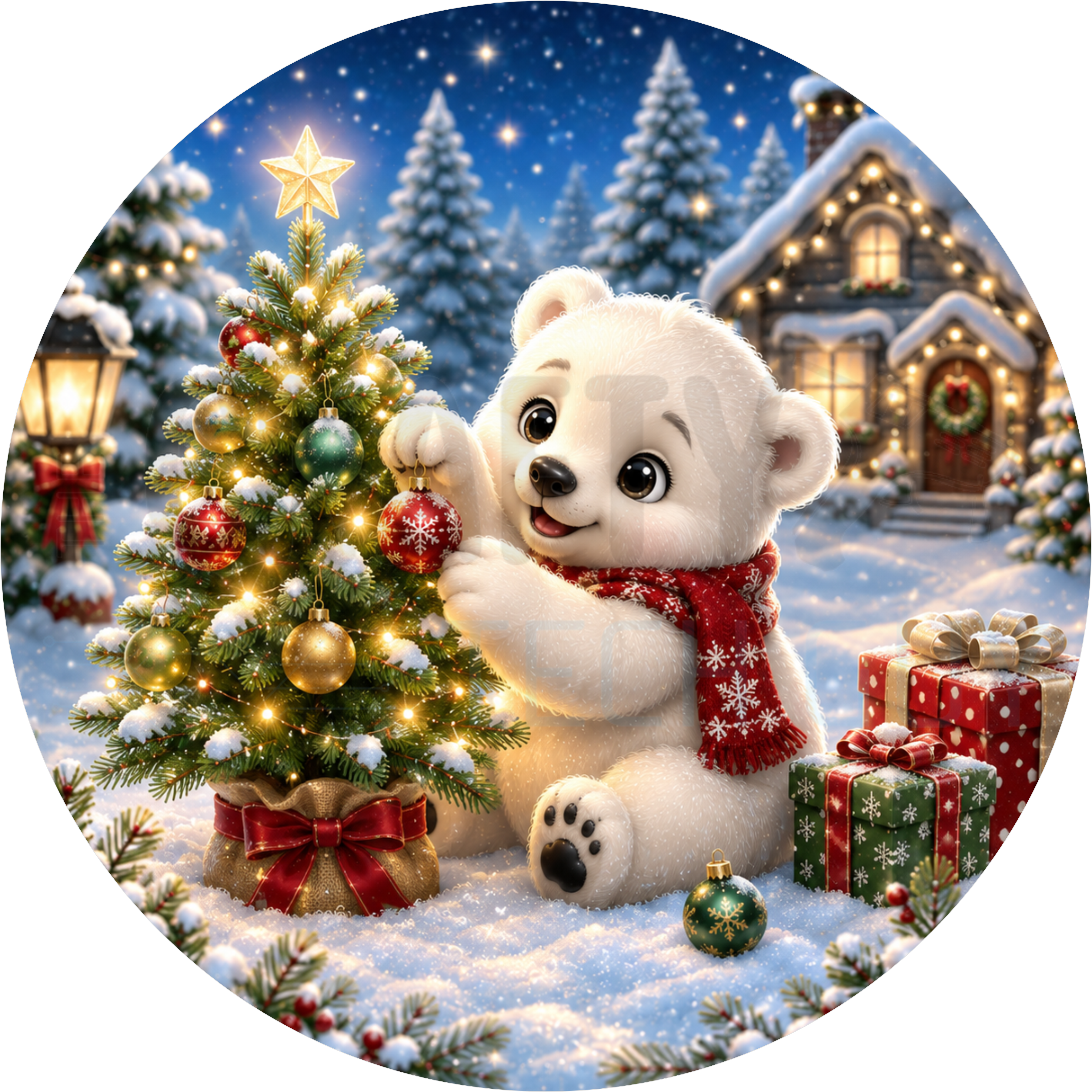 Christmas round wreath sign in coated aluminum, showing a polar bear cub in a red scarf hanging an ornament on a lit tree beside a glowing cottage