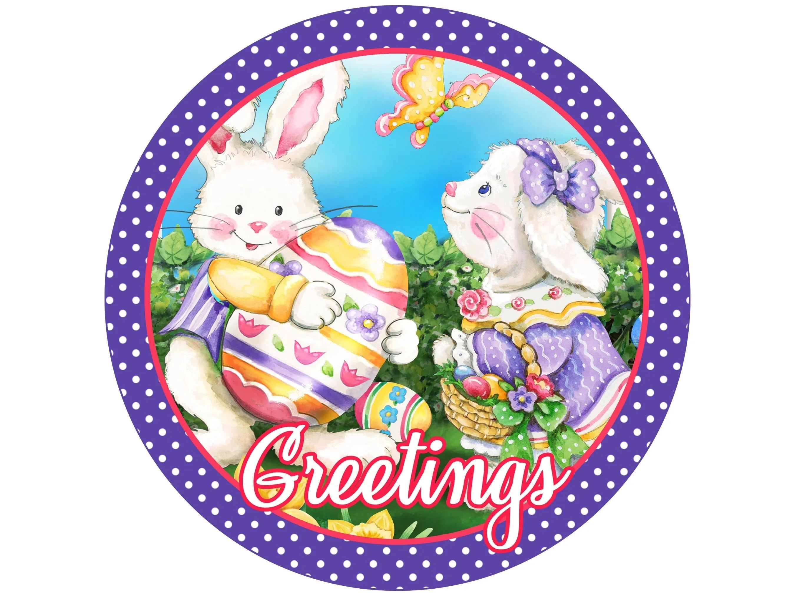 polka dot Easter bunny couple butterfly and blue sky wreath sign, Happy Easter sign with colorful decorated eggs, Easter egg hunt sign