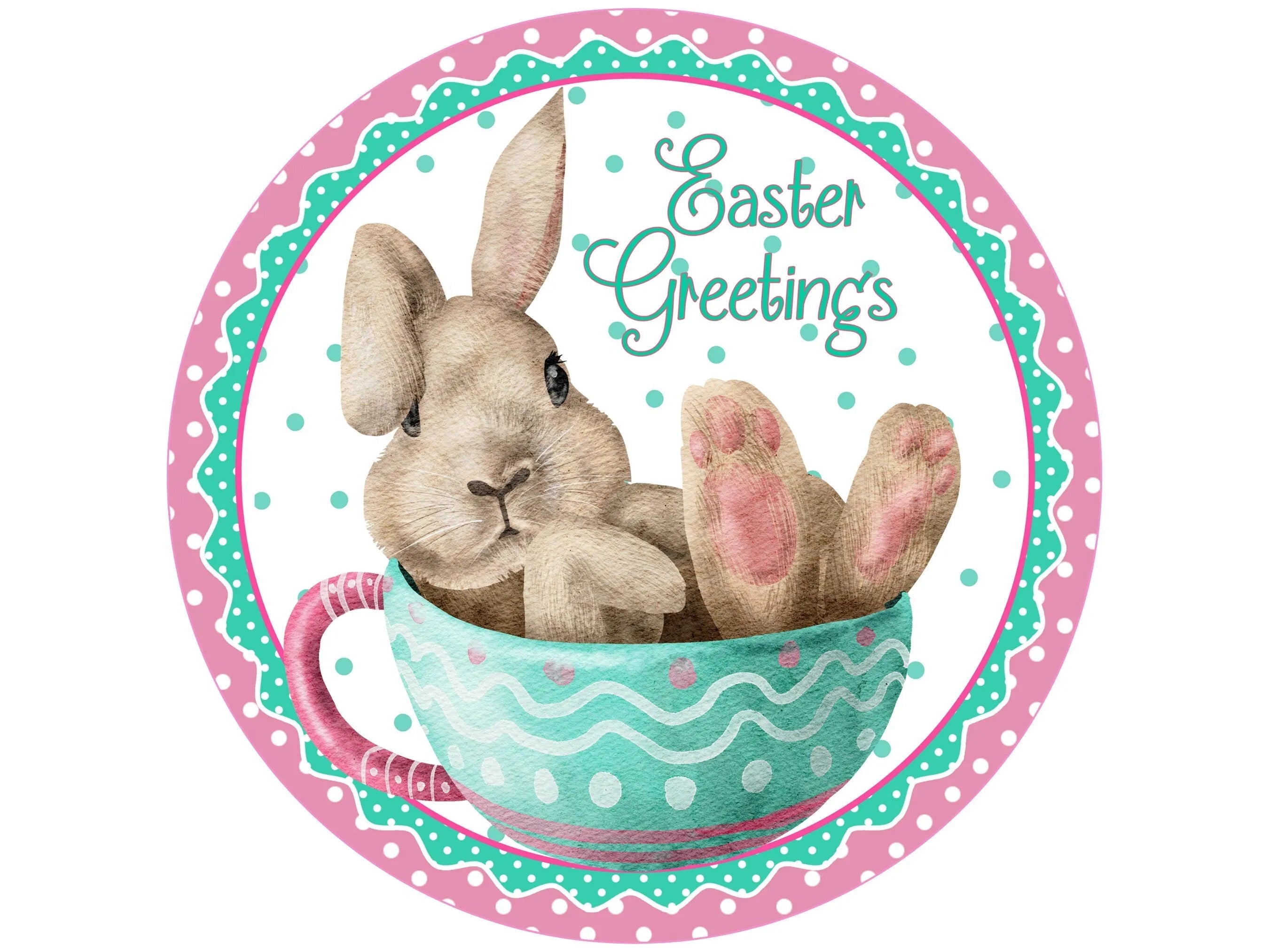 polka dot Easter bunny sitting in a tea cup wreath sign, pink and teal Easter with bunny sitting in a coffee cup, Happy Easter bunny art