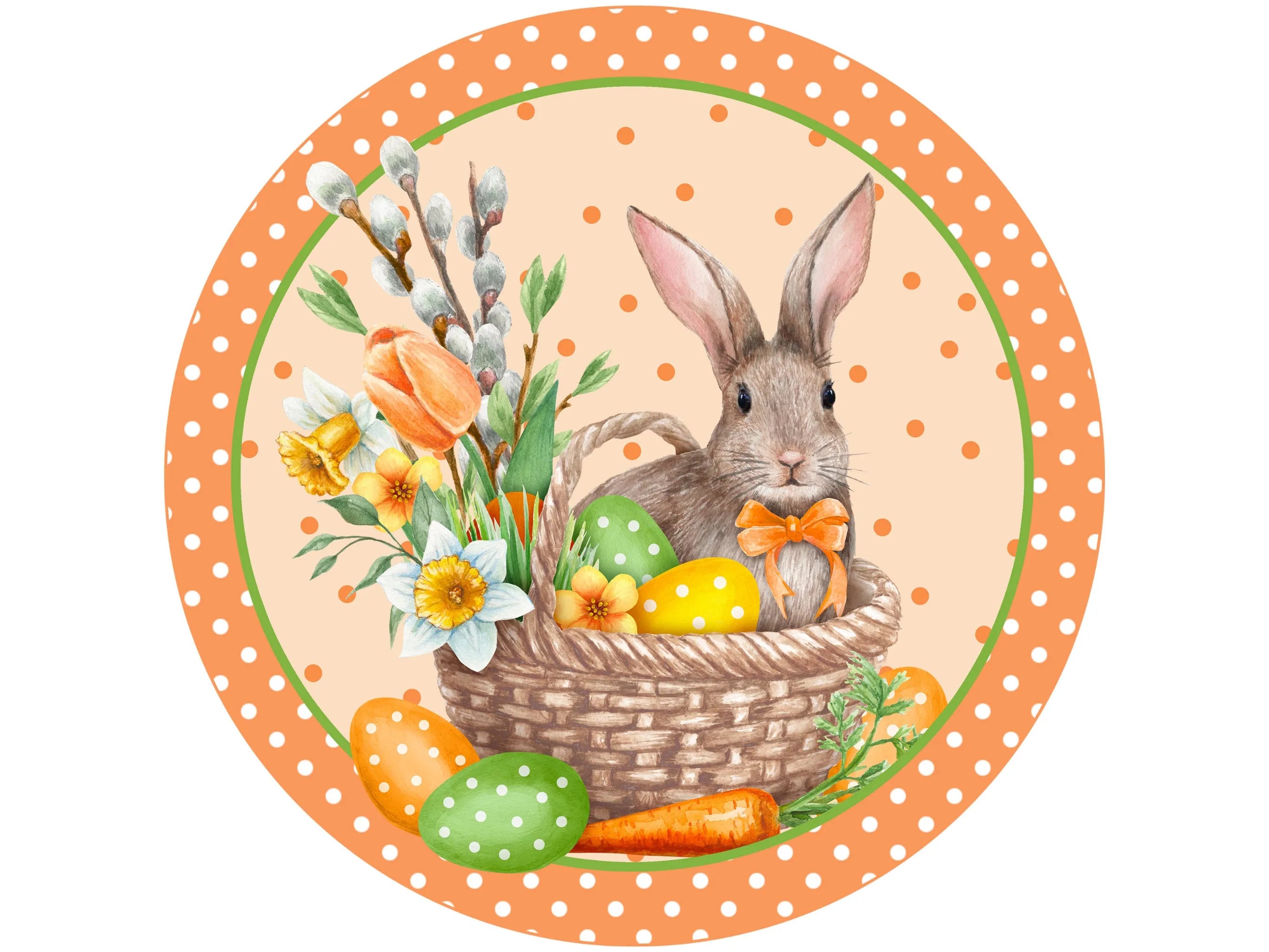 polka dot floral Easter bunny in basket with eggs wreath sign, polka dot Easter eggs wall art, Easter tulip with bunny wreath sign