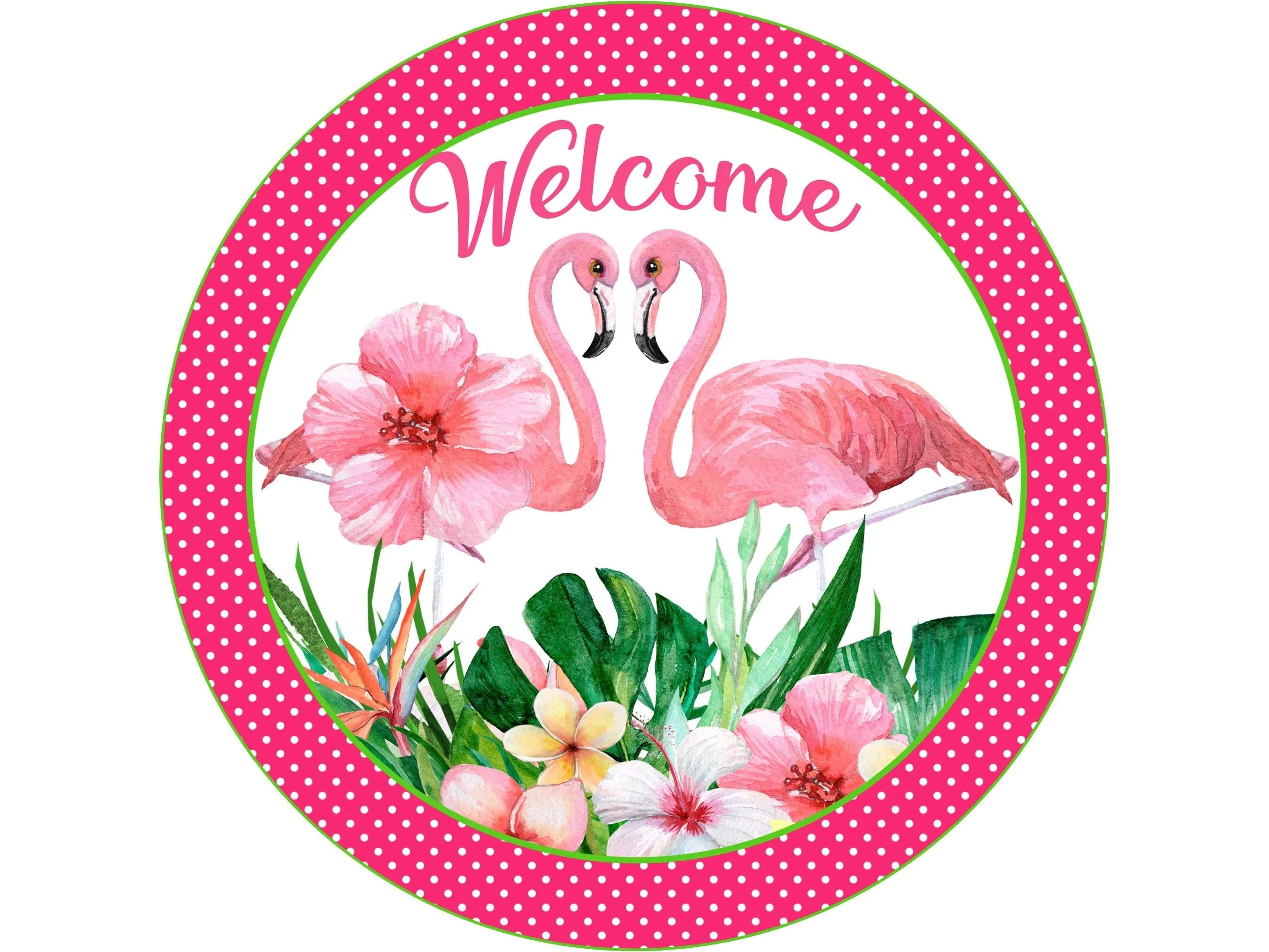 polka dot pink flamingo couple standing in palm leaves and flowers, pink flamingo wall art, flamingo sign for the beach house