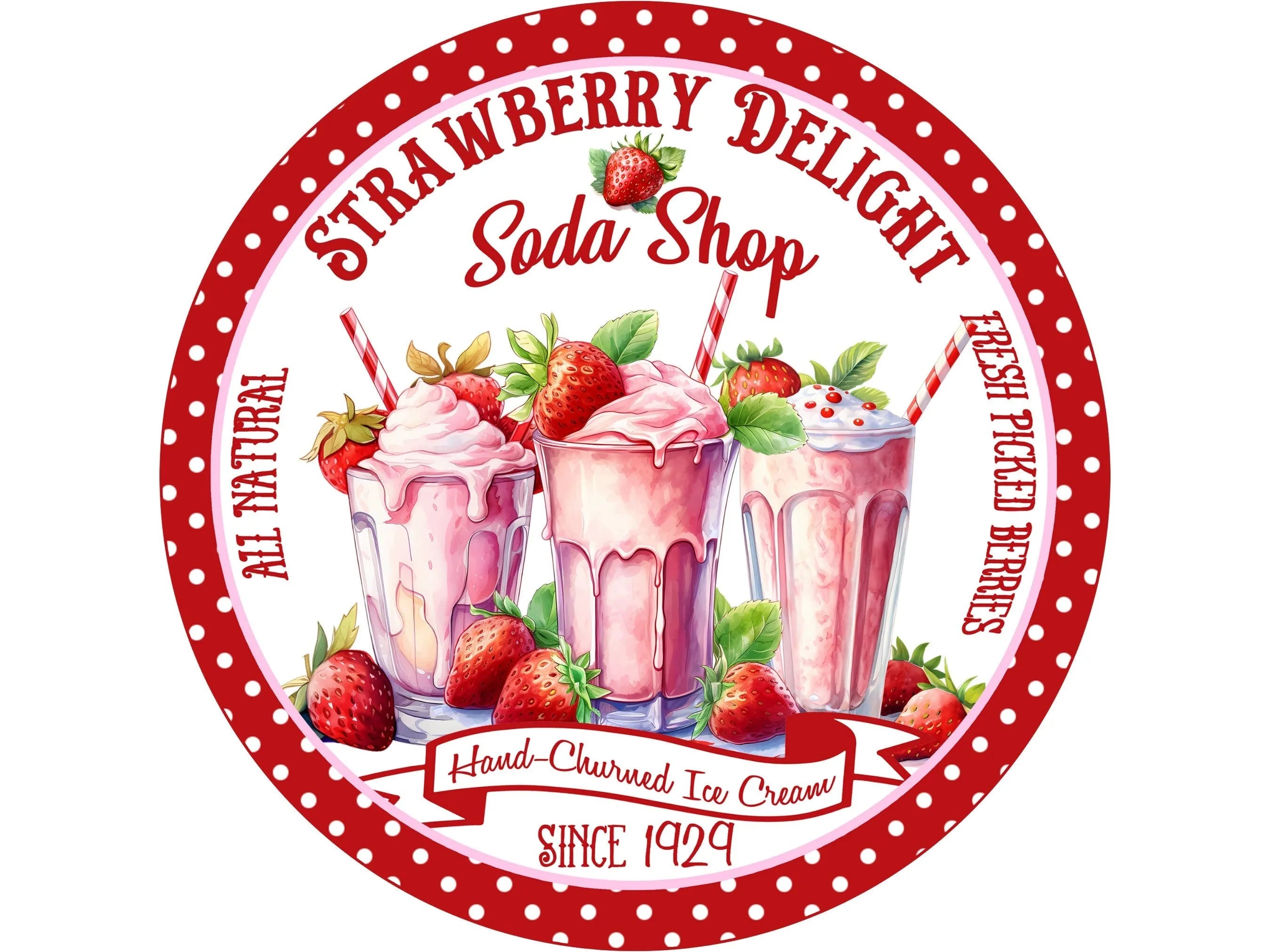 polka dot strawberry soda shop sign, vintage pink strawberry wall art, strawberry milkshake wreath attachment, sign for Summer