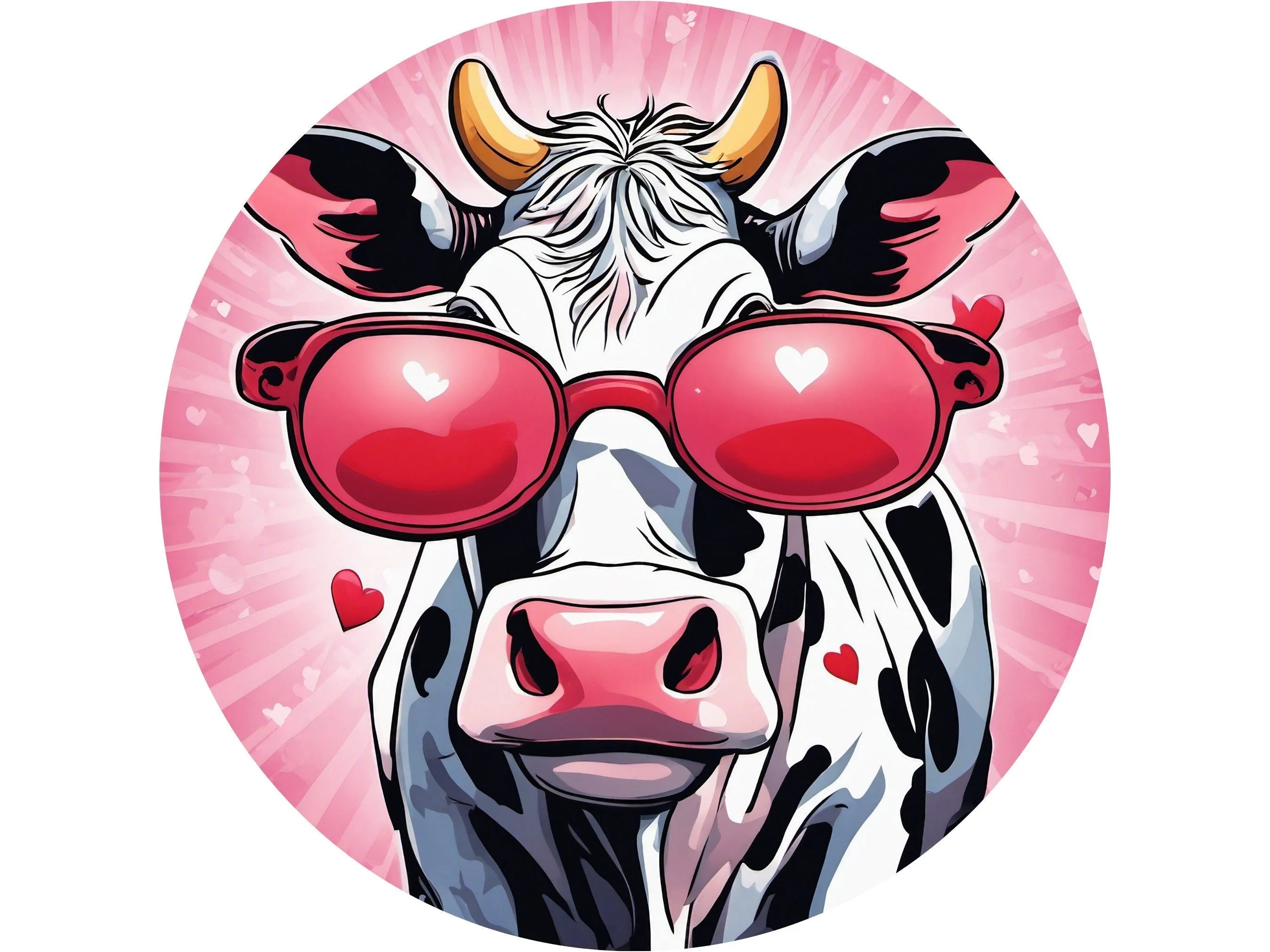 pop art cow with glasses Happy Valentine's Day wreath sign, retro farm animal red hearts wall art, cow with big pink glasses decoration