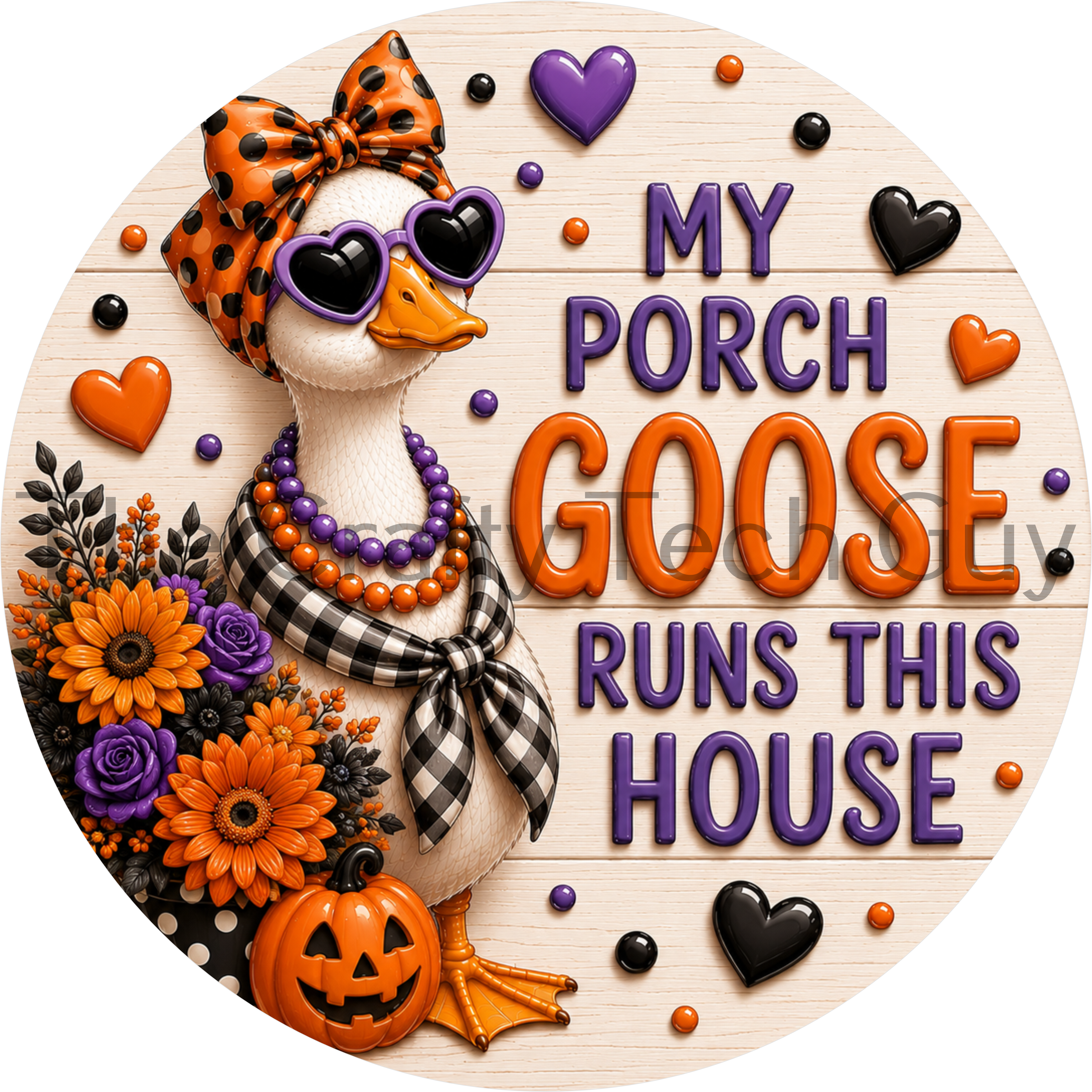 My Porch Goose Runs This House Halloween sign featuring a stylish porch goose wearing purple heart sunglasses, an orange polka dot bow, black and white gingham scarf, pumpkins, and Halloween florals on a round wreath sign.