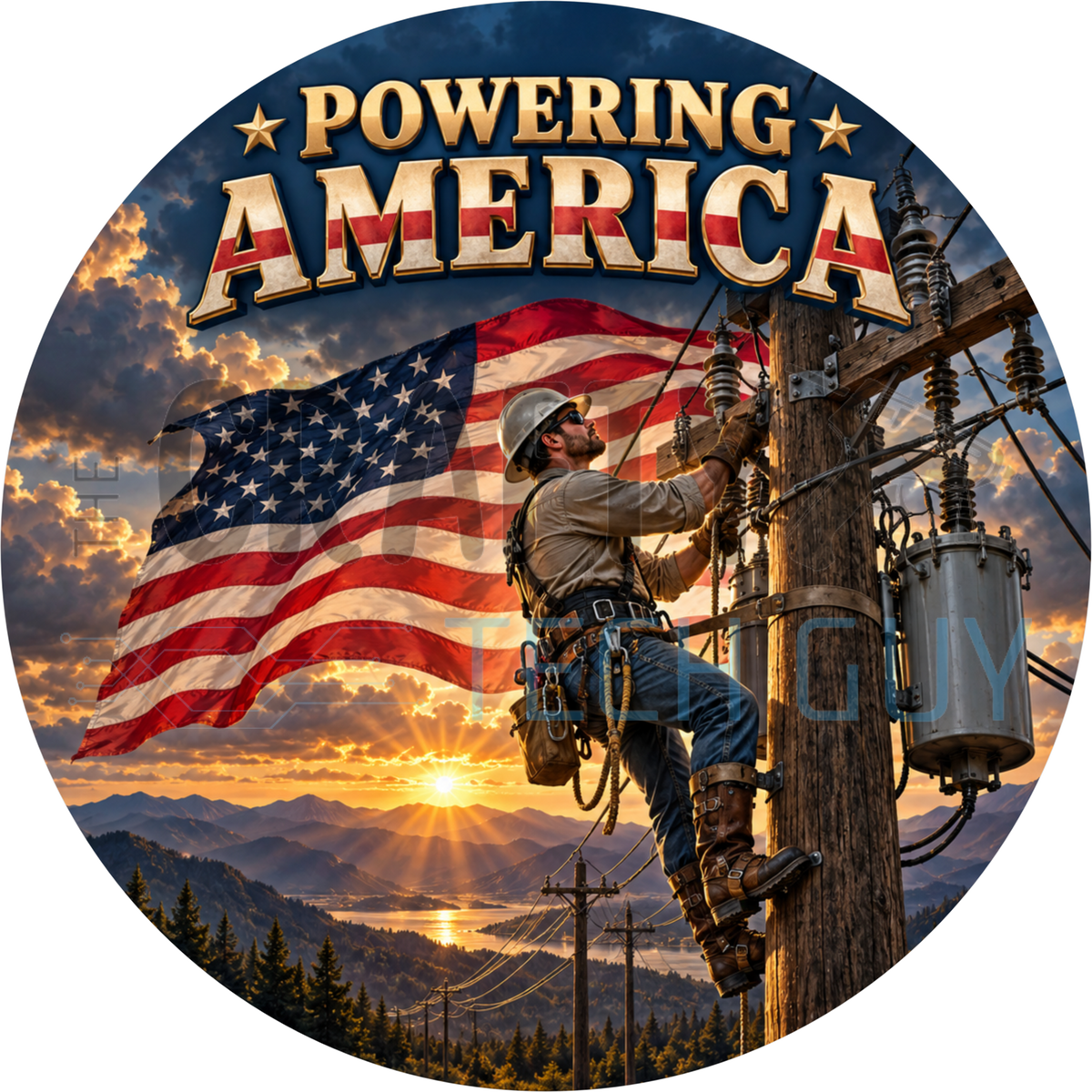 Powering America round wreath sign with a lineman up a utility pole, a large waving American flag and mountains at sunset