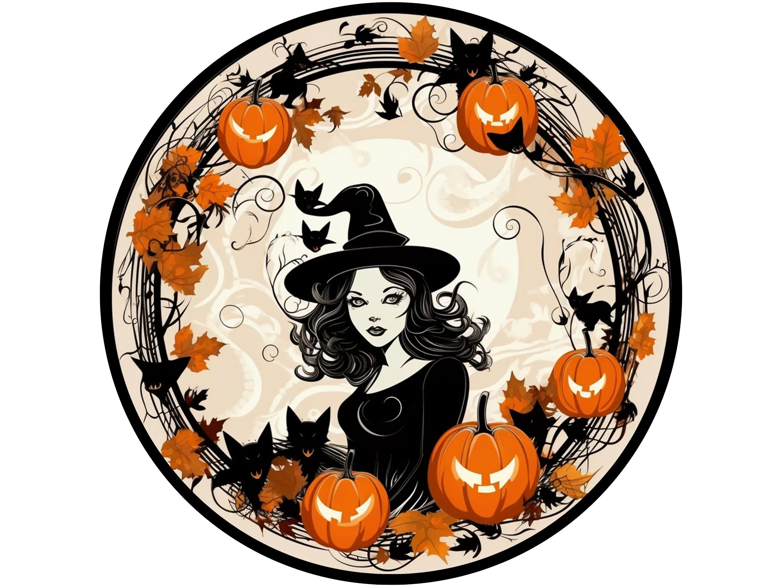 pretty witch surrounded by jack o lanterns wreath sign, sign for Halloween, sign for October